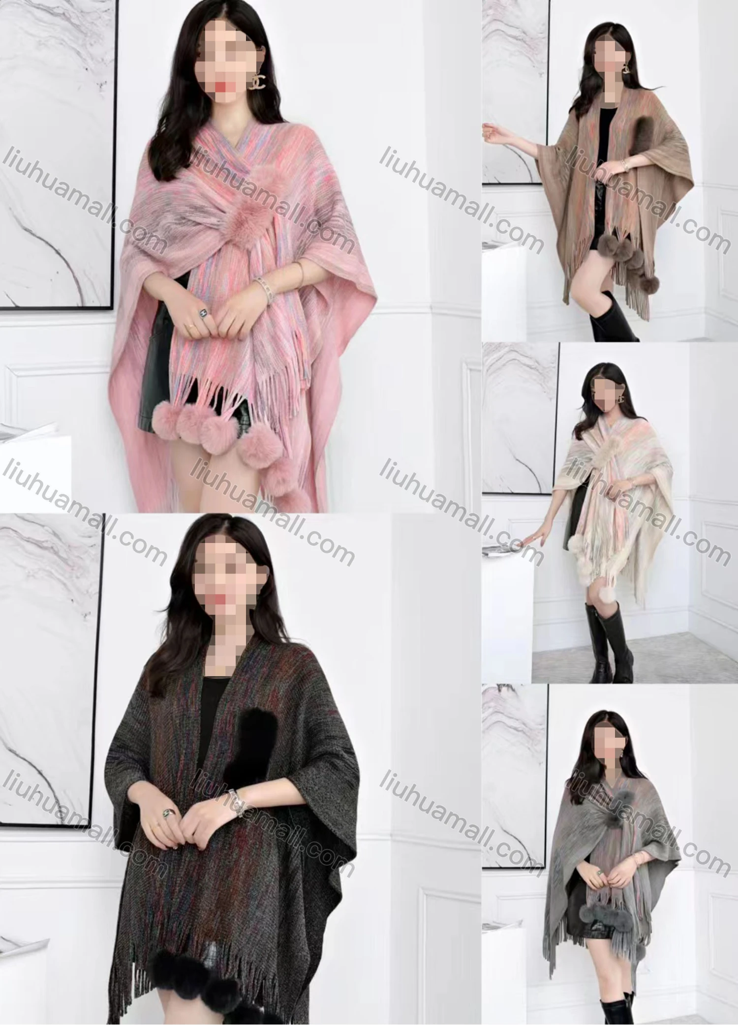 Wholesale Women's Casual Plain Scarf Hem Pompom Pullover Cape - Liuhuamall