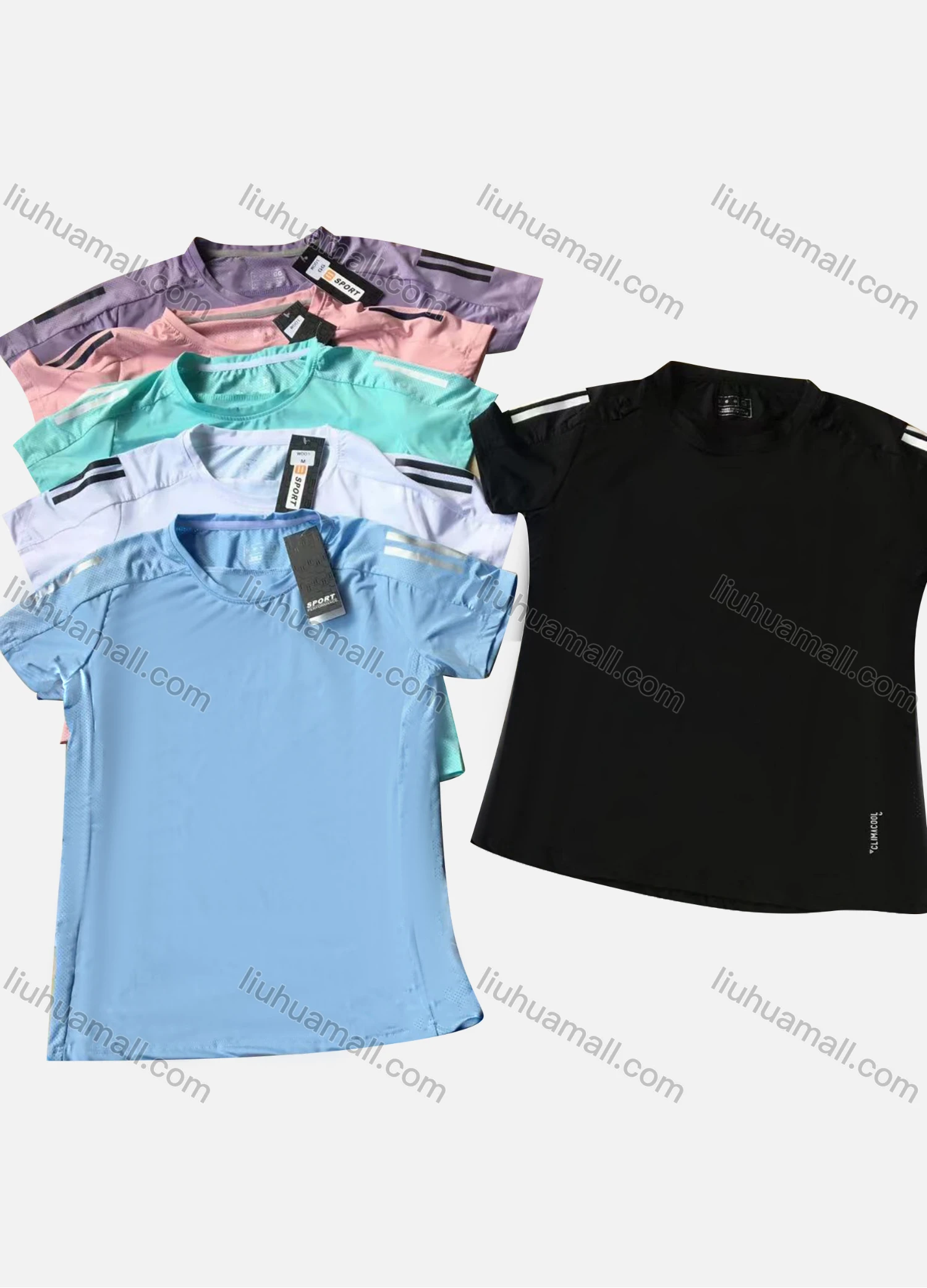 Wholesale Women's Sporty Round Neck Short Sleeve Striped Quick Dry Plain T-Shirt W001# - Liuhuamall