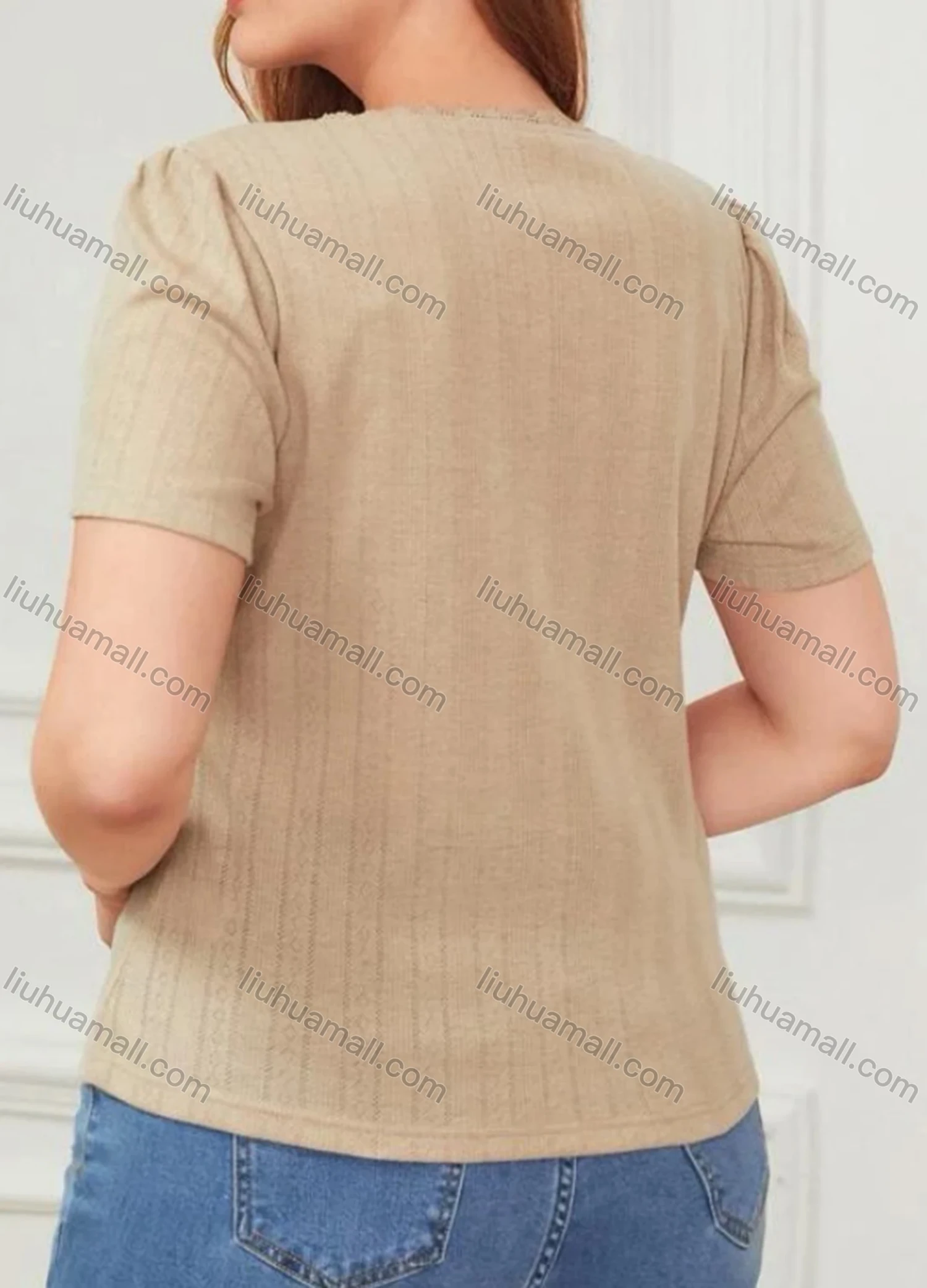 Wholesale Women's Casual Plain Lace Trim Ruched V Neck Short Sleeve Blouse - Liuhuamall