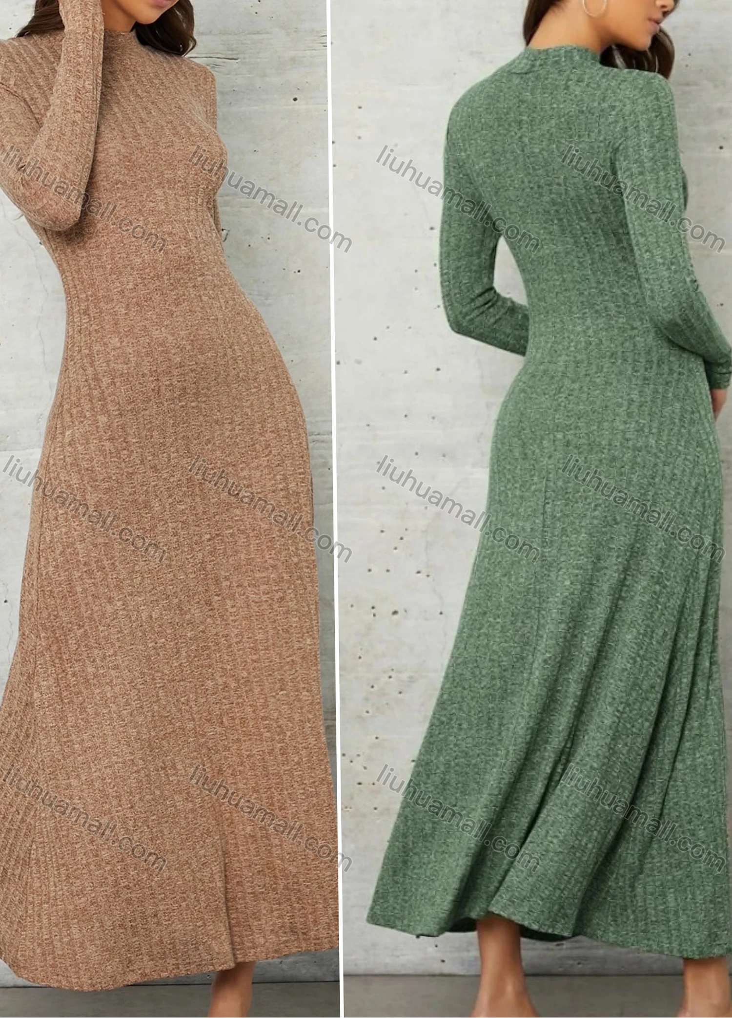 Wholesale Women's Casual Plain Rib-knit Mock Neck Long Sleeve Maxi Sweater Dress - Liuhuamall