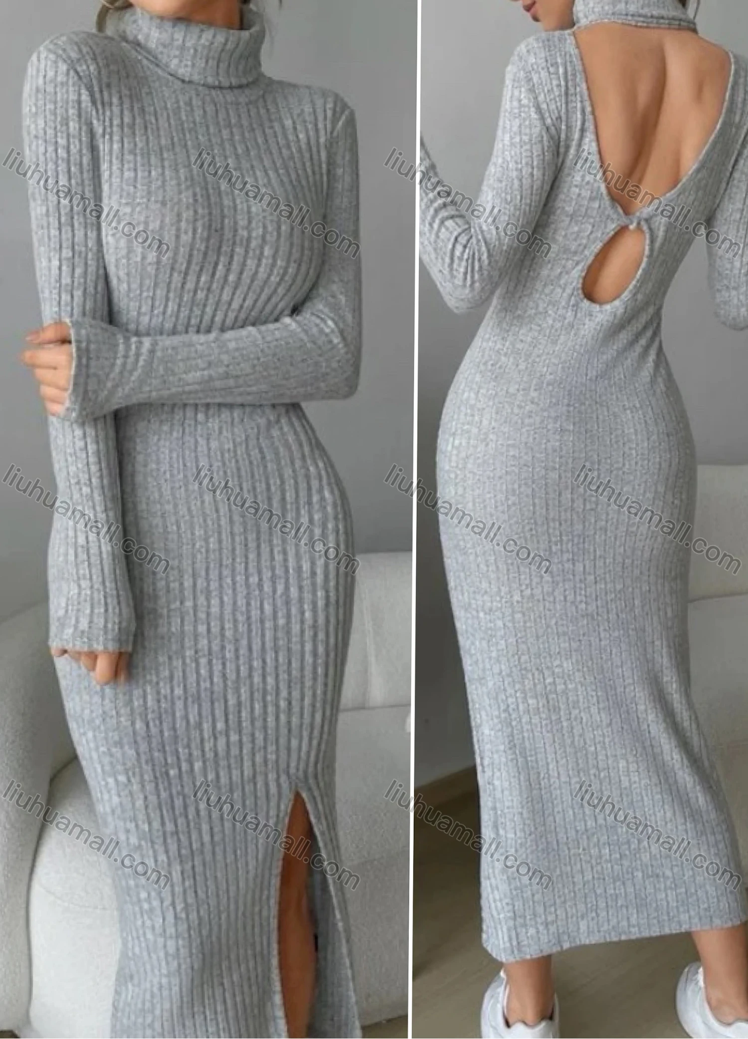 Wholesale Women's Fashion Plain High Neck Long Sleeve Cutout Back Split Hem Bodycon Maxi Sweater Dress - Liuhuamall