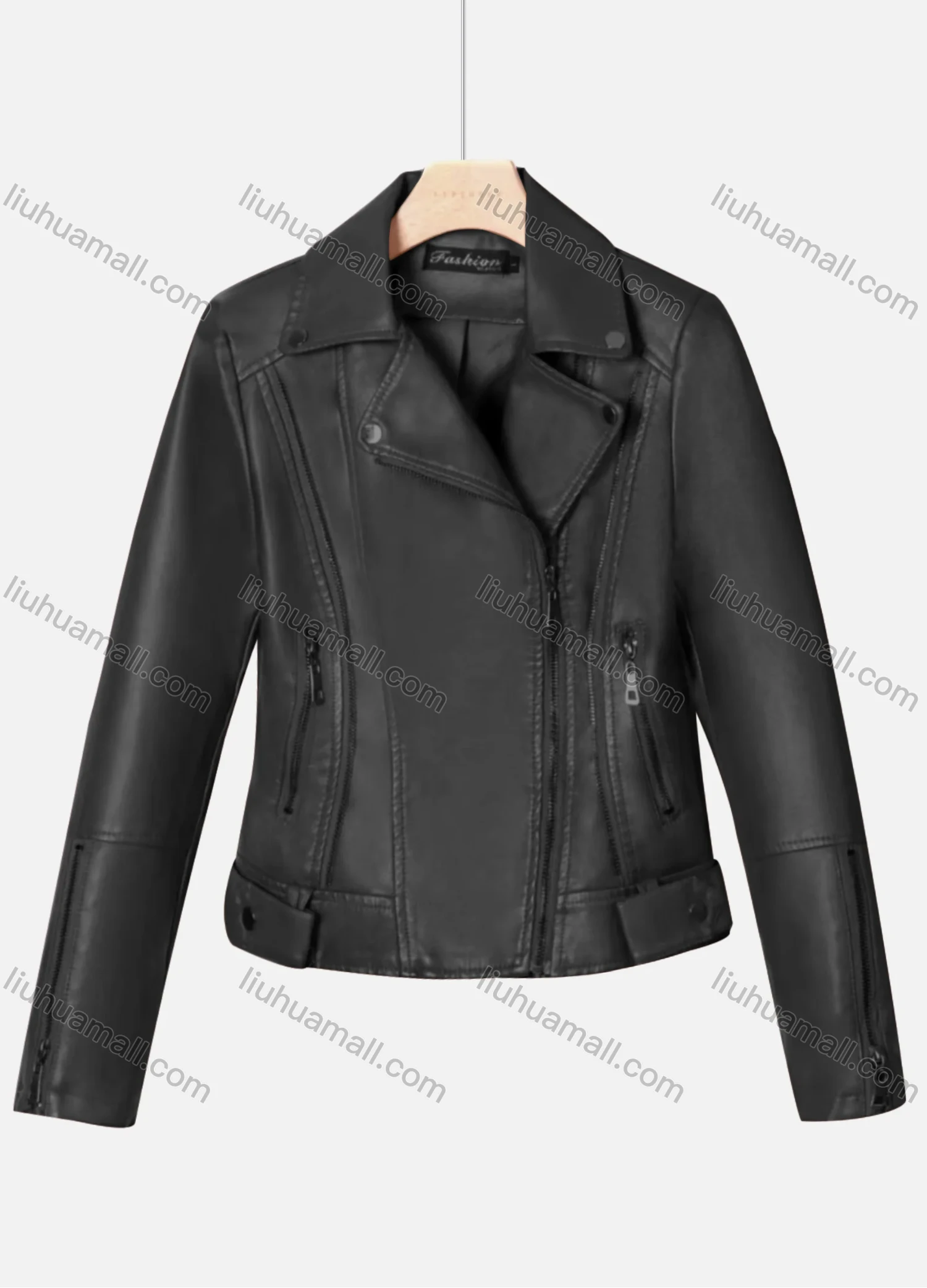 Wholesale Women's Casual Plain Lapel Long Sleeve Zipper PU Leather Jacket - Liuhuamall
