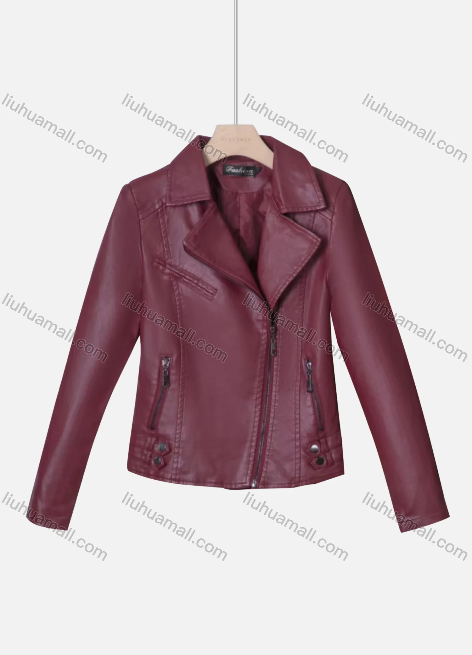 Wholesale Women's Casual Plain Lapel Long Sleeve Zipper PU Leather Jacket - Liuhuamall