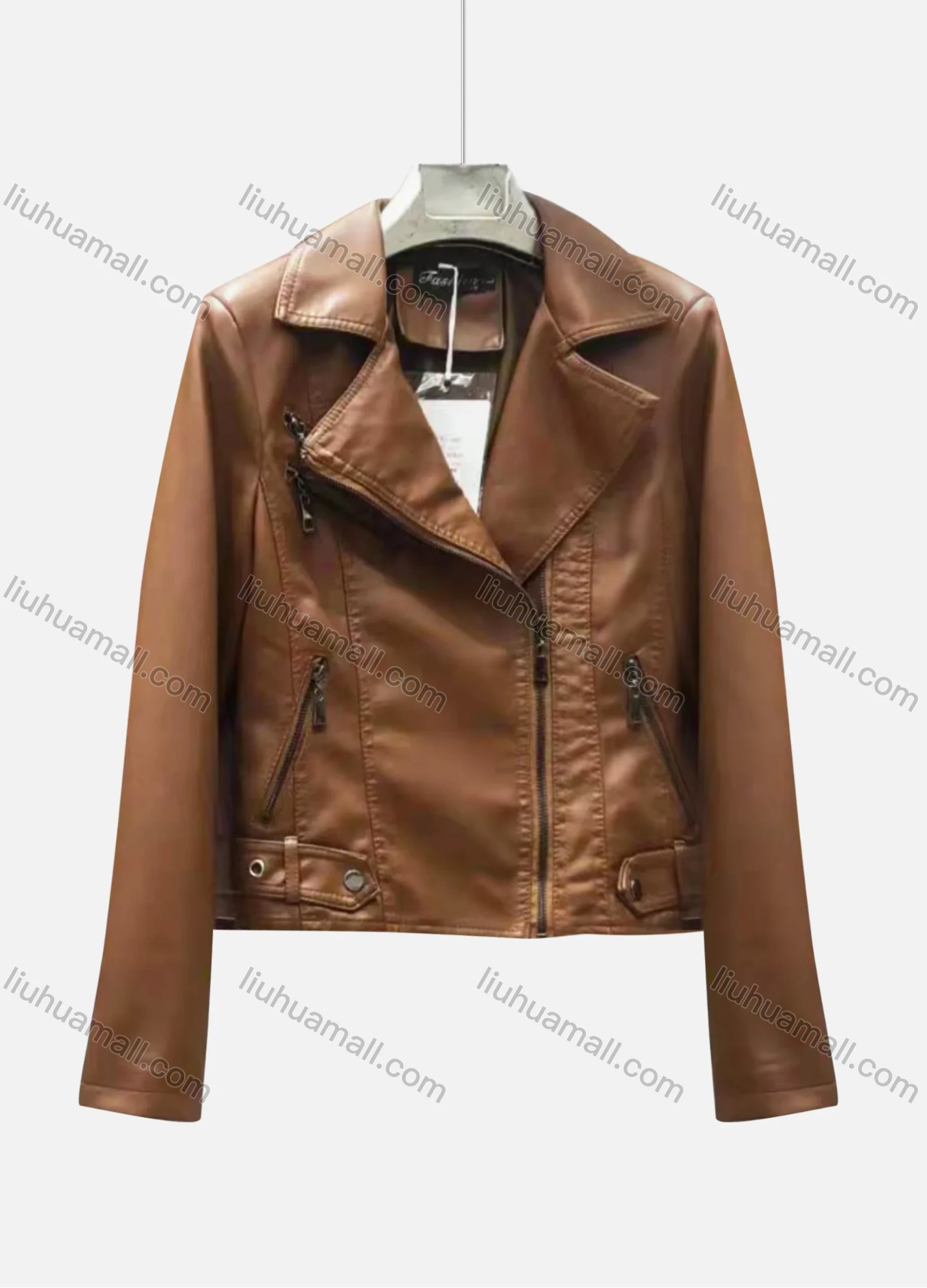 Wholesale Women's Casual Plain Lapel Long Sleeve Zipper PU Leather Jacket - Liuhuamall