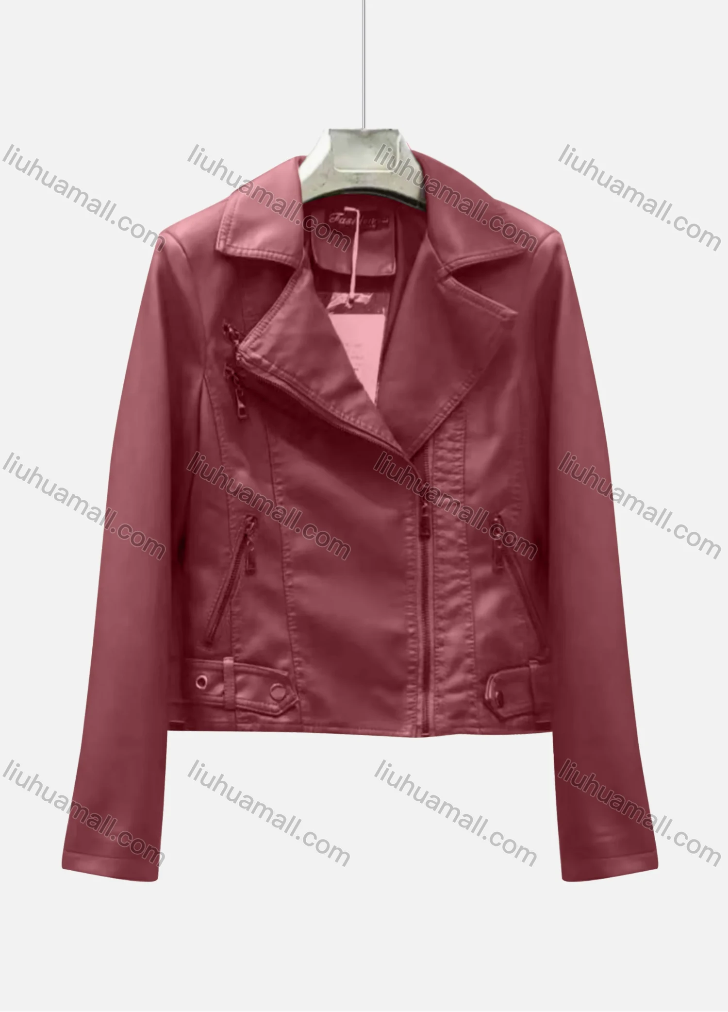 Wholesale Women's Casual Plain Lapel Long Sleeve Zipper PU Leather Jacket - Liuhuamall