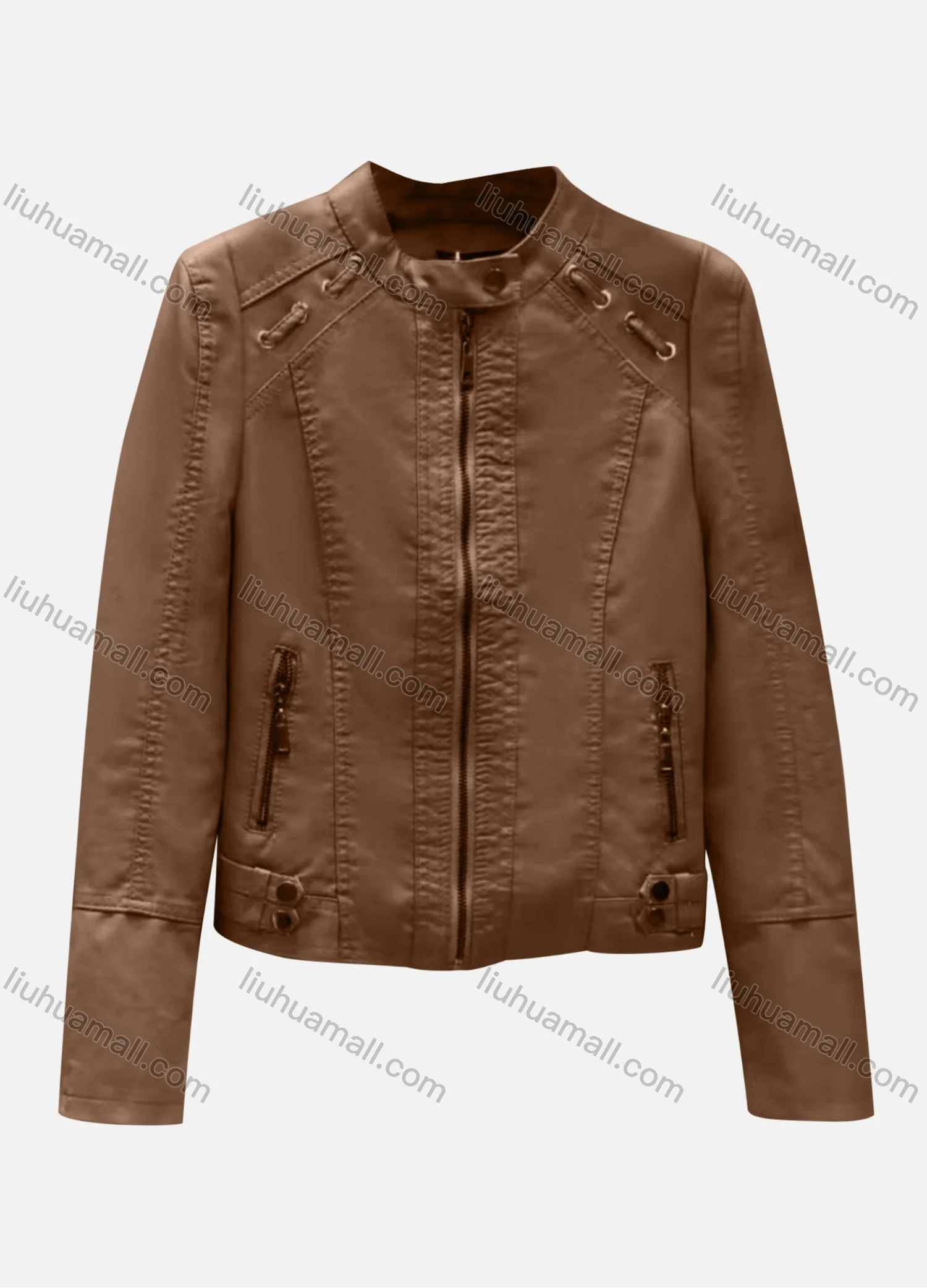 Wholesale Women's Casual Plain Stand Collar Long Sleeve Zipper PU Leather Jacket - Liuhuamall