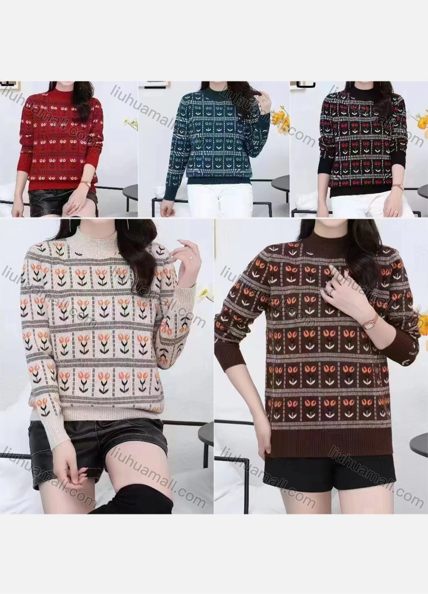 Wholesale Women's Casual Mock Neck Long Sleeve Floral Print Pullover Sweater - Liuhuamall