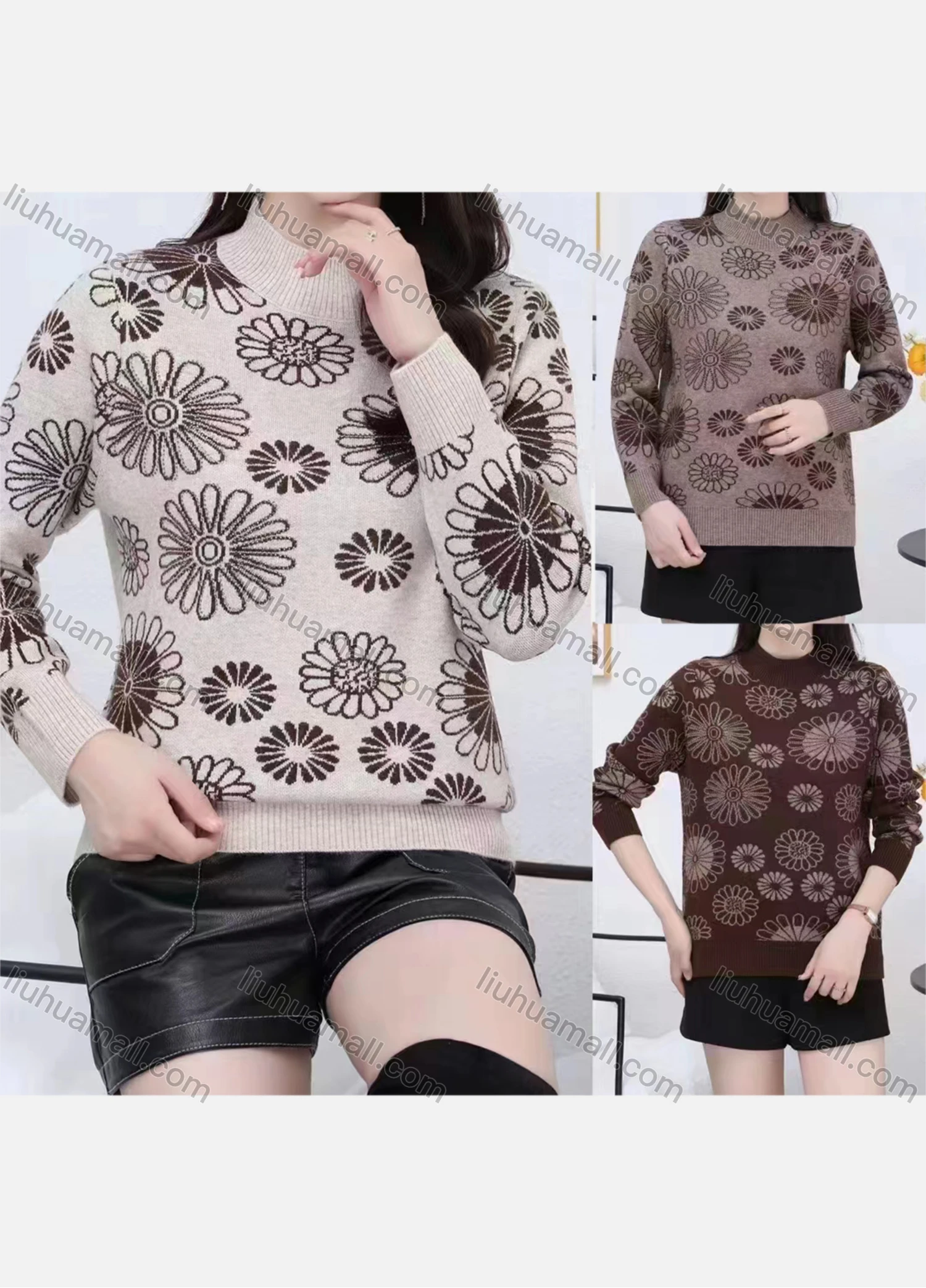 Wholesale Women's Casual Mock Neck Long Sleeve Floral Print Sweater - Liuhuamall