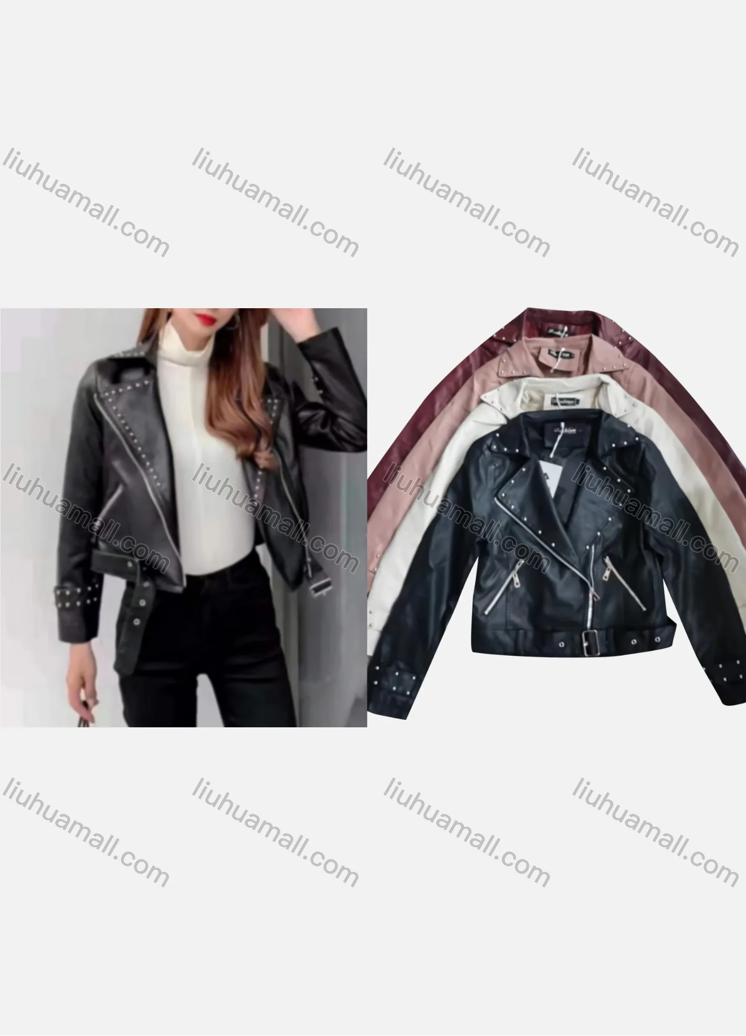 Wholesale Women's Casual Plain Rivet Lapel Long Sleeve Zipper PU Leather Jacket With Belt - Liuhuamall