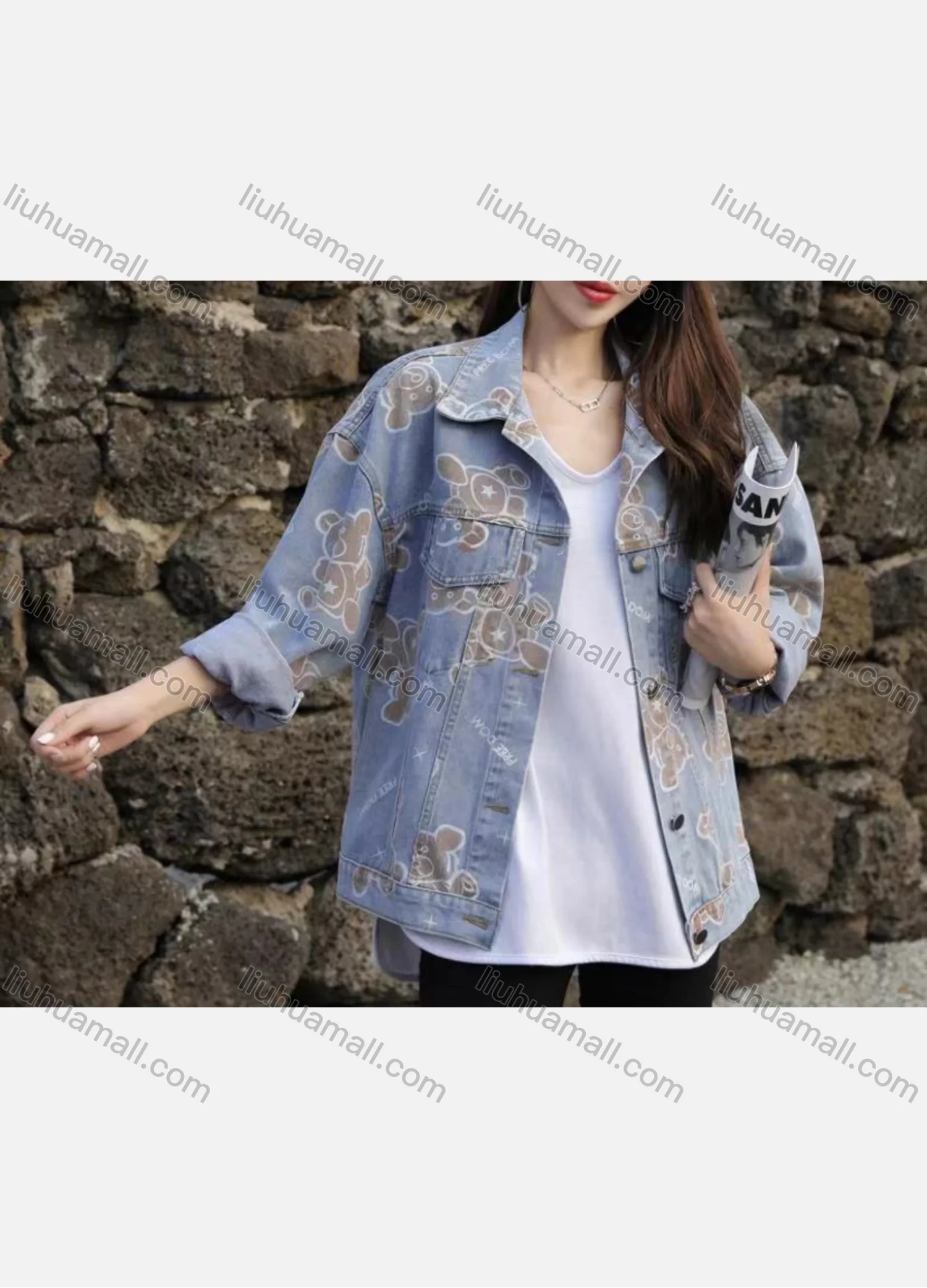 Wholesale Women's Casual Cartoon Bear Print Button Down Long Sleeve Denim Jacket - Liuhuamall