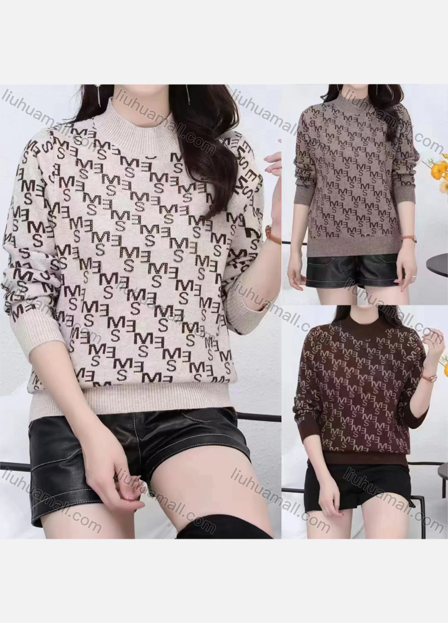 Wholesale Women's Casual Mock Neck Long Sleeve Letter Print Sweater - Liuhuamall