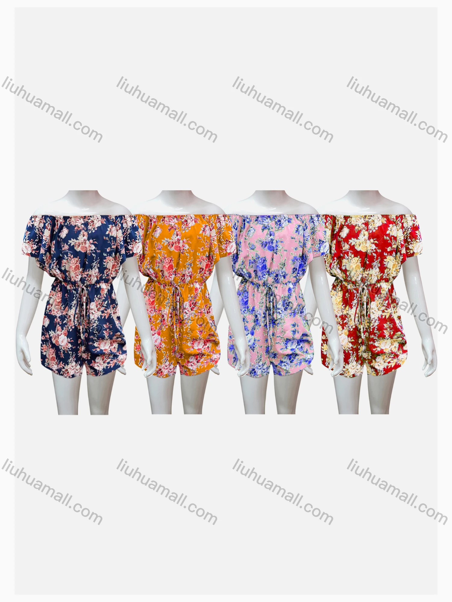 Wholesale Girls Causal Off Shoulder Short Sleeve Drawstring Floral Print Romper - Liuhuamall