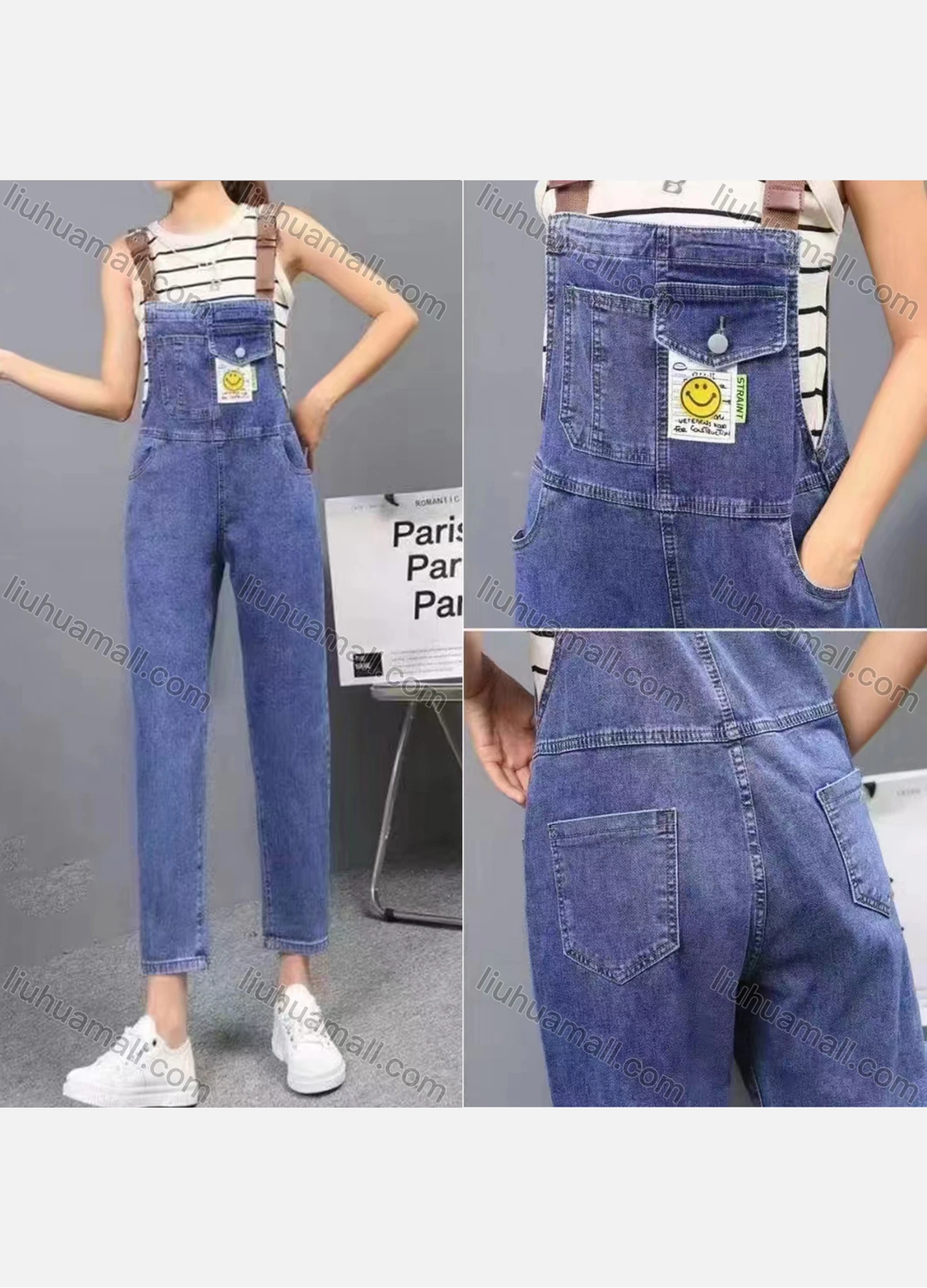 Wholesale Women's Casual Adjustable Strap Pockets Plain Denim Overall - Liuhuamall