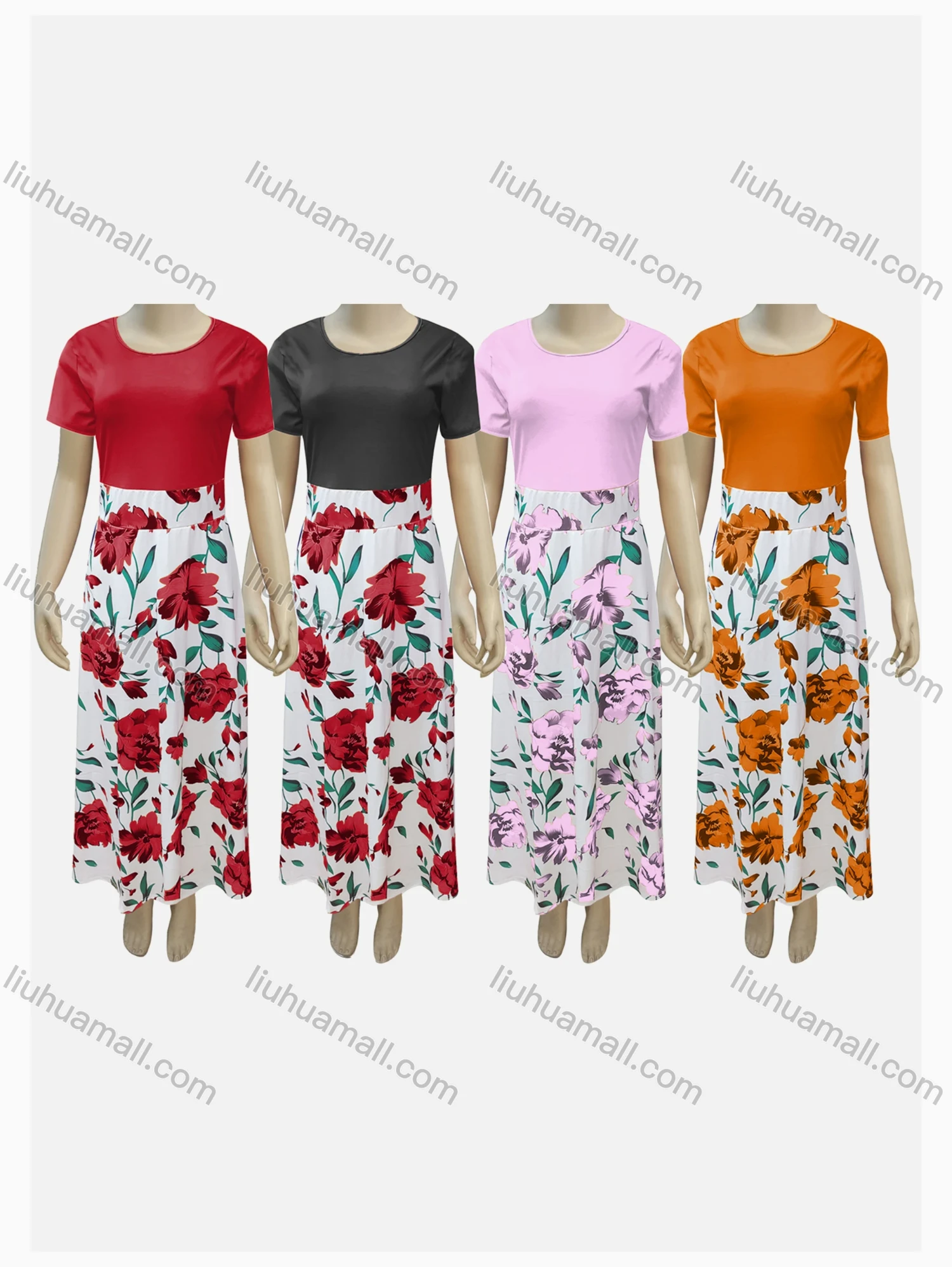 Wholesale Girls Casual Round Neck Short Sleeve Plain Top & Floral Print Skirt Sets - Liuhuamall