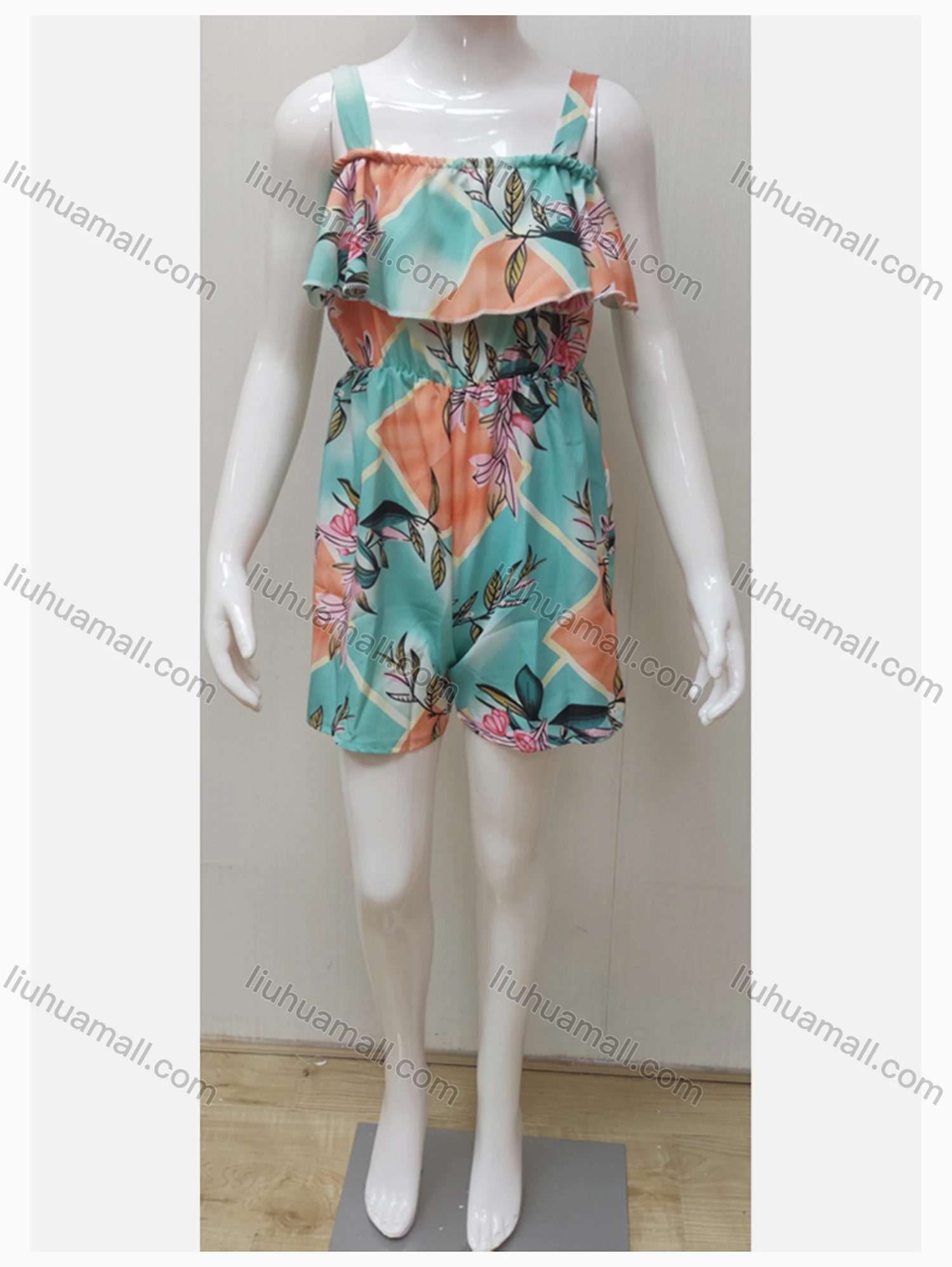 Wholesale Girls Causal Sleeveless Ruffle Trim Floral Print Romper - Liuhuamall