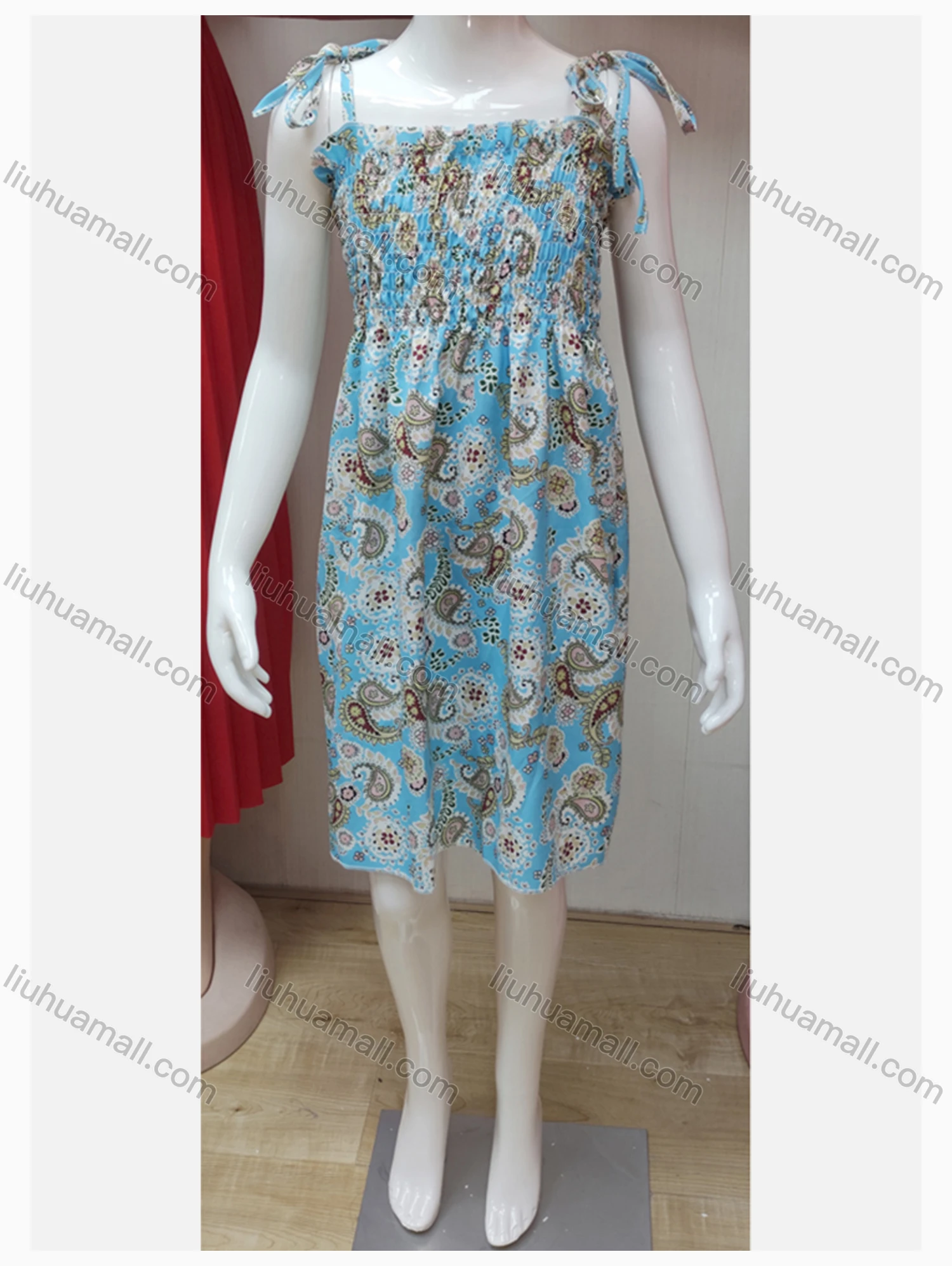 Wholesale Girls Causal Square Neck Sleeveless Tie Side Ruched Paisley Print Short Dress - Liuhuamall