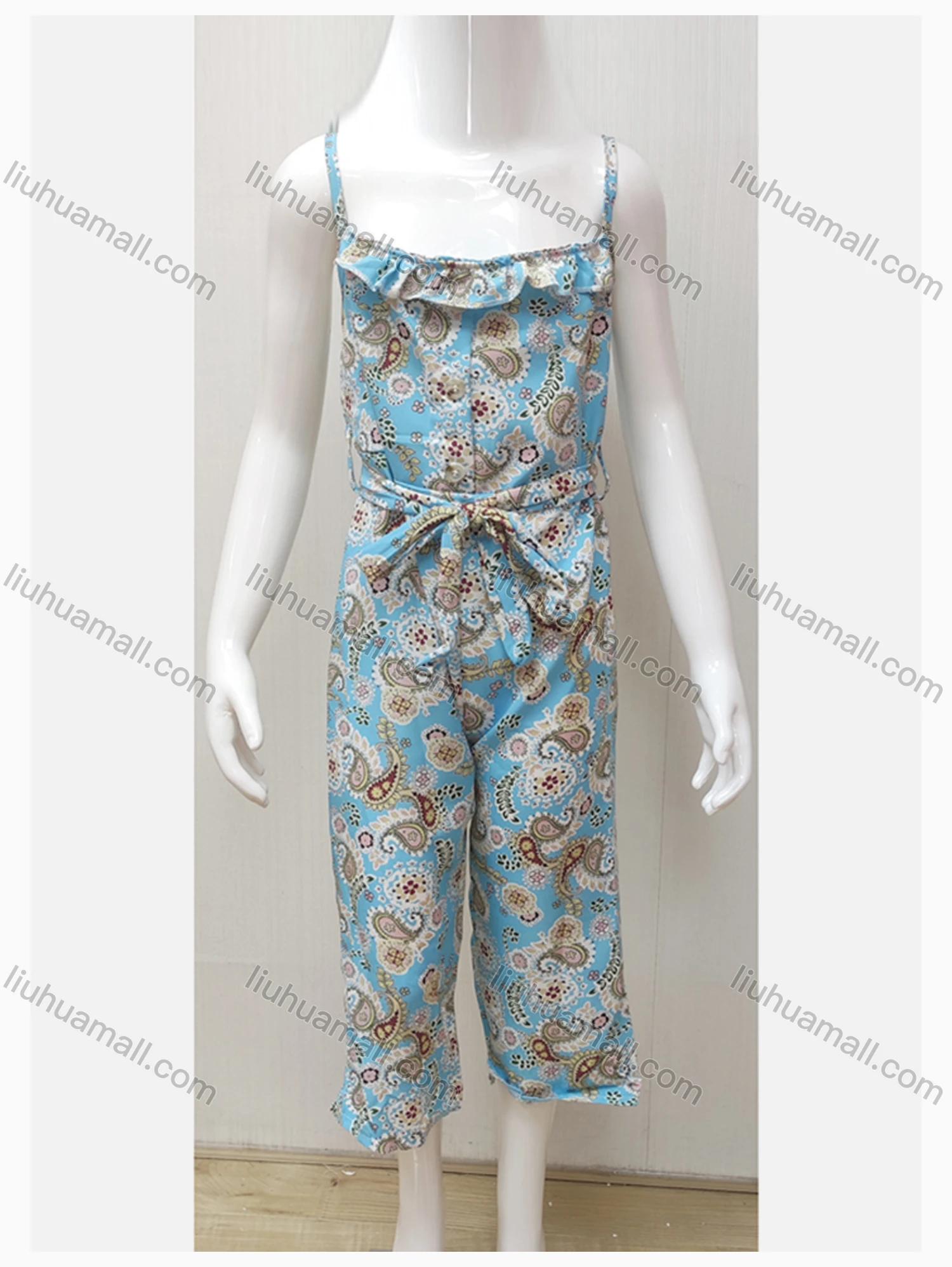 Wholesale Girls Causal Sleeveless Ruffle Trim Floral Print Jumpsuit With Belt - Liuhuamall