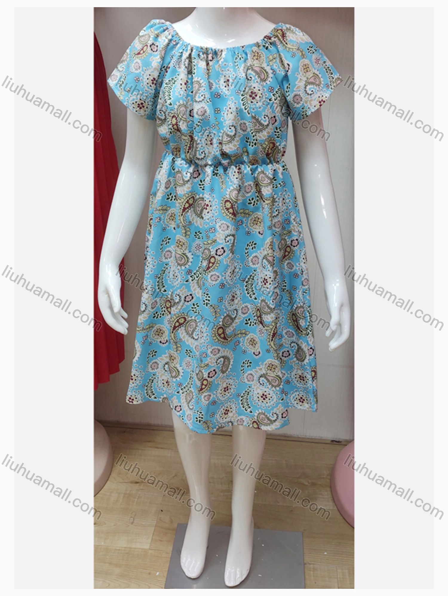 Wholesale Girls Causal Crew Neck Short Sleeve Drawstring Paisley Print Dress - Liuhuamall