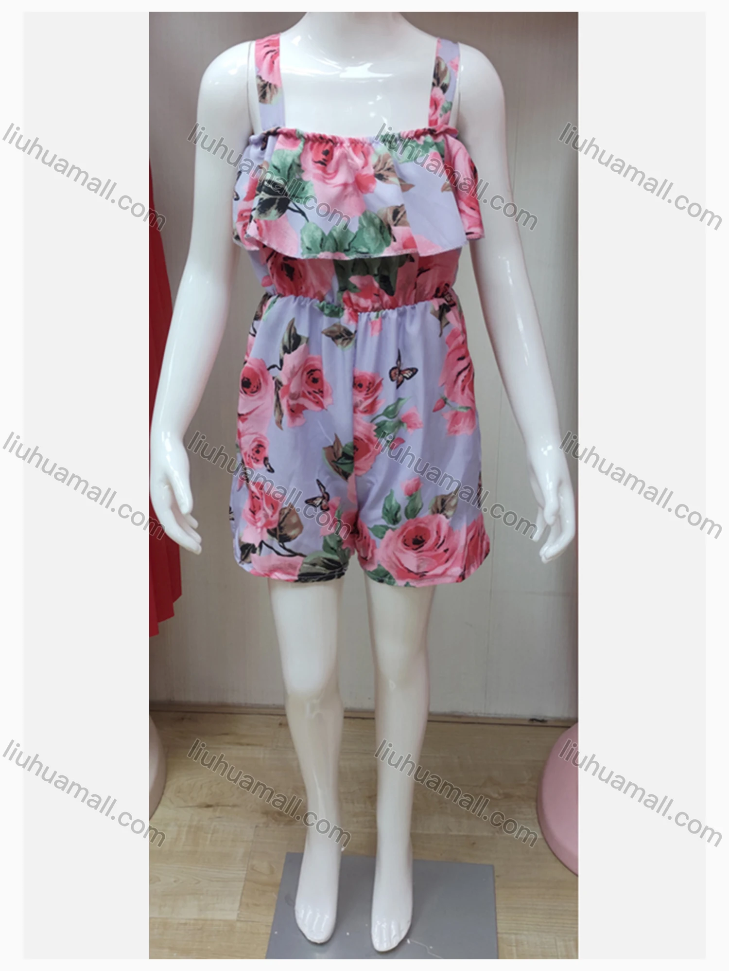 Wholesale Girls Causal Sleeveless Ruffle Trim Floral Print Romper - Liuhuamall