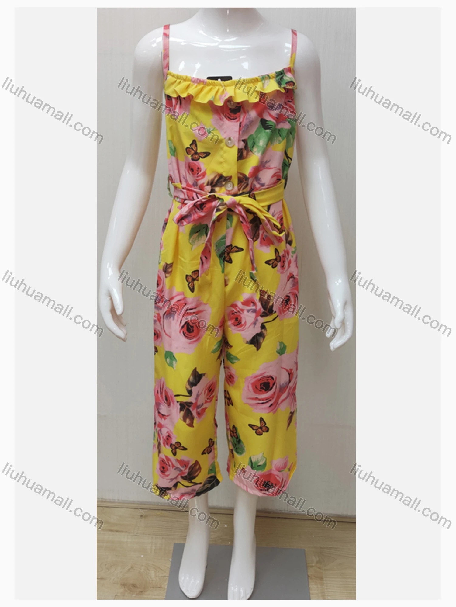 Wholesale Girls Causal Sleeveless Ruffle Trim Floral Print Jumpsuit With Belt - Liuhuamall