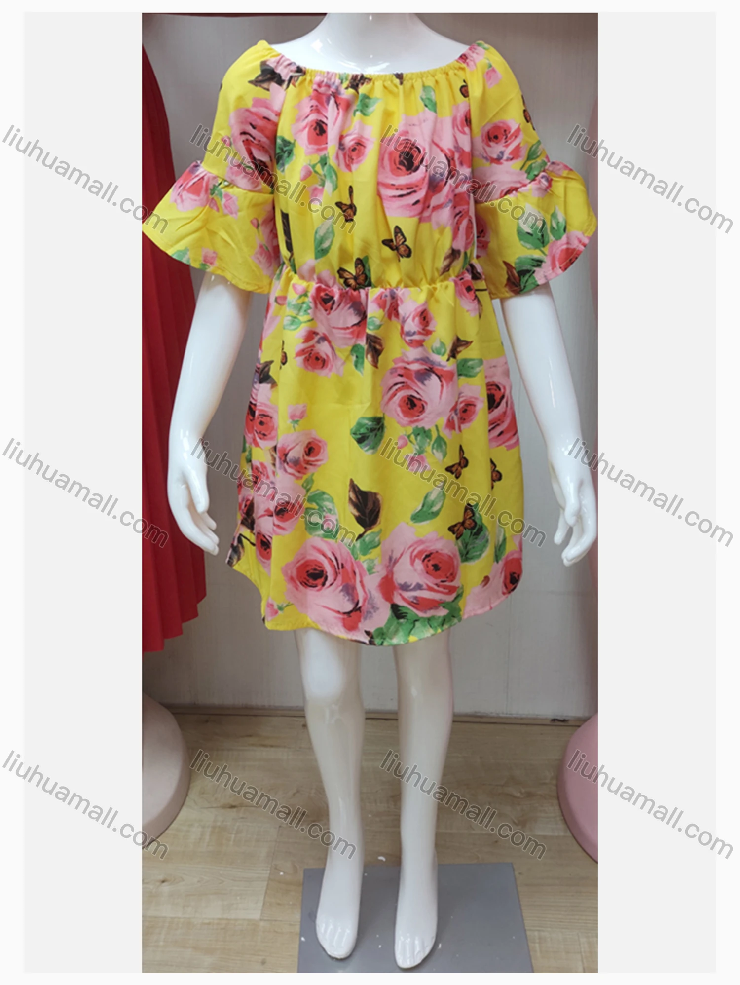Wholesale Girls Causal Crew Neck Bell Sleeve Elastic Waist Floral Print Dress - Liuhuamall