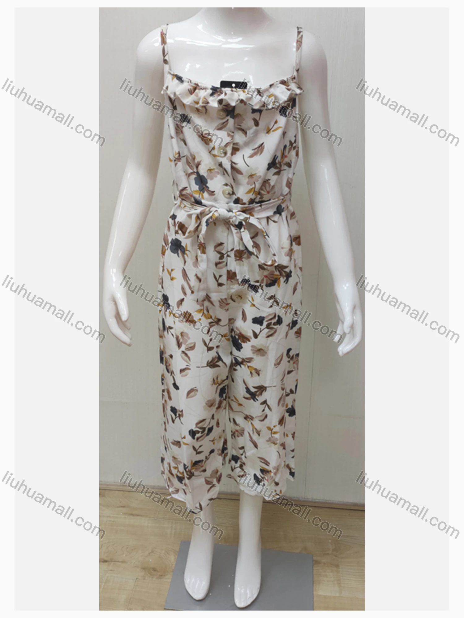 Wholesale Girls Causal Sleeveless Ruffle Trim Floral Print Jumpsuit With Belt - Liuhuamall