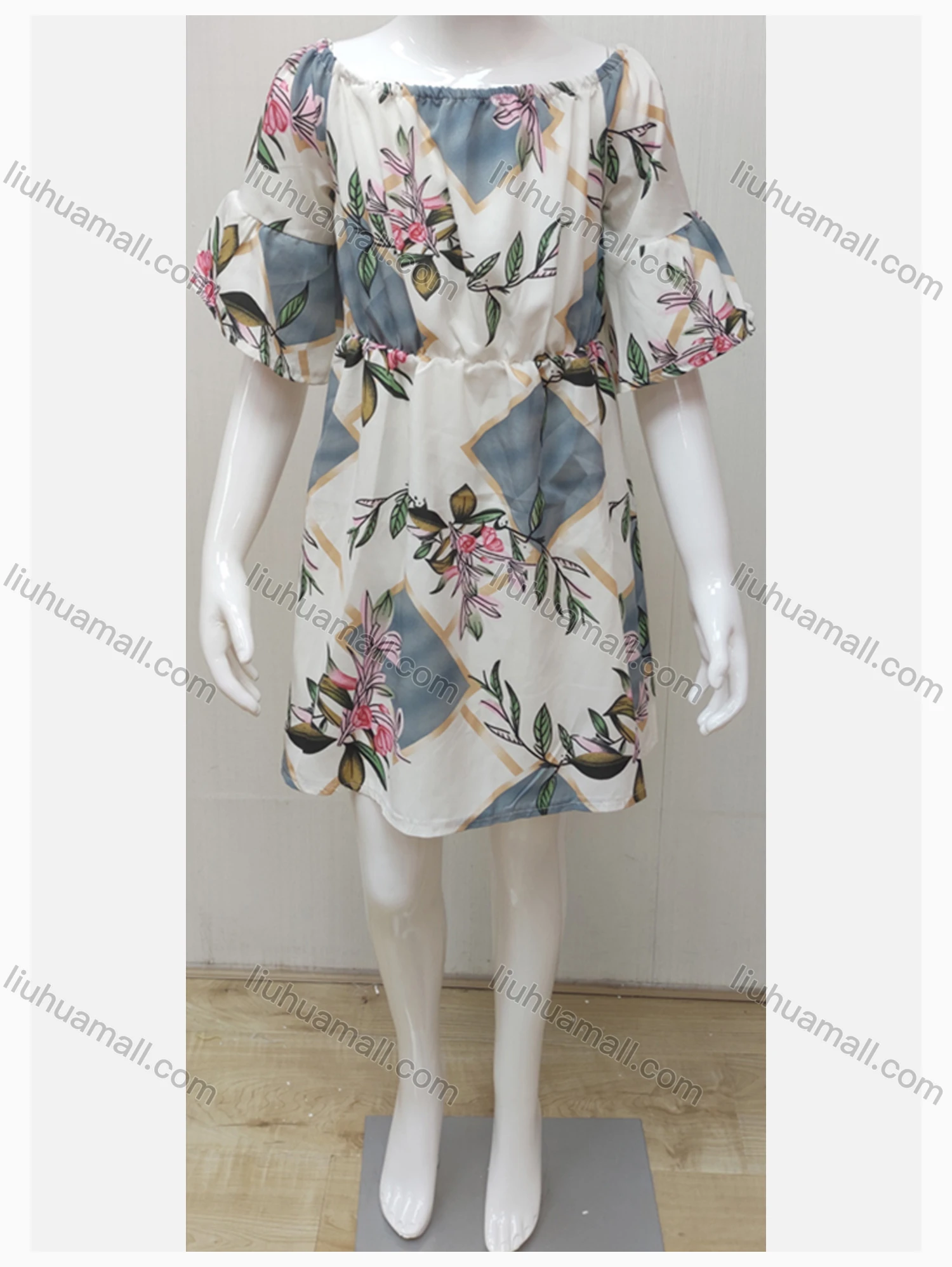 Wholesale Girls Causal Crew Neck Bell Sleeve Elastic Waist Floral Print Dress - Liuhuamall