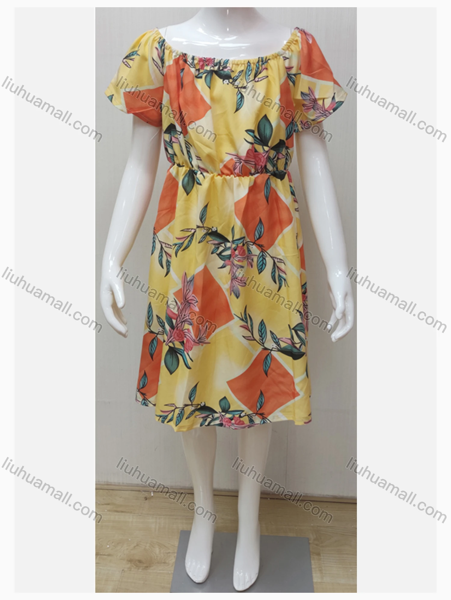 Wholesale Girls Causal Crew Neck Short Sleeve Elastic Waist Floral Print Dress - Liuhuamall