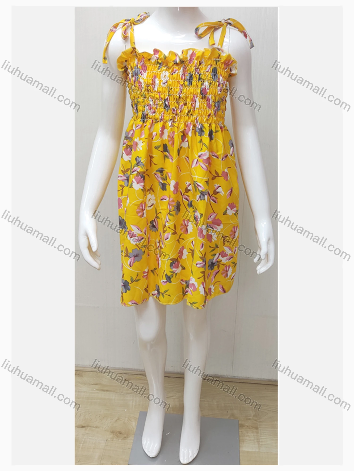 Wholesale Girls Causal Square Neck Sleeveless Tie Side Floral Print Ruched Short Cami Dress - Liuhuamall