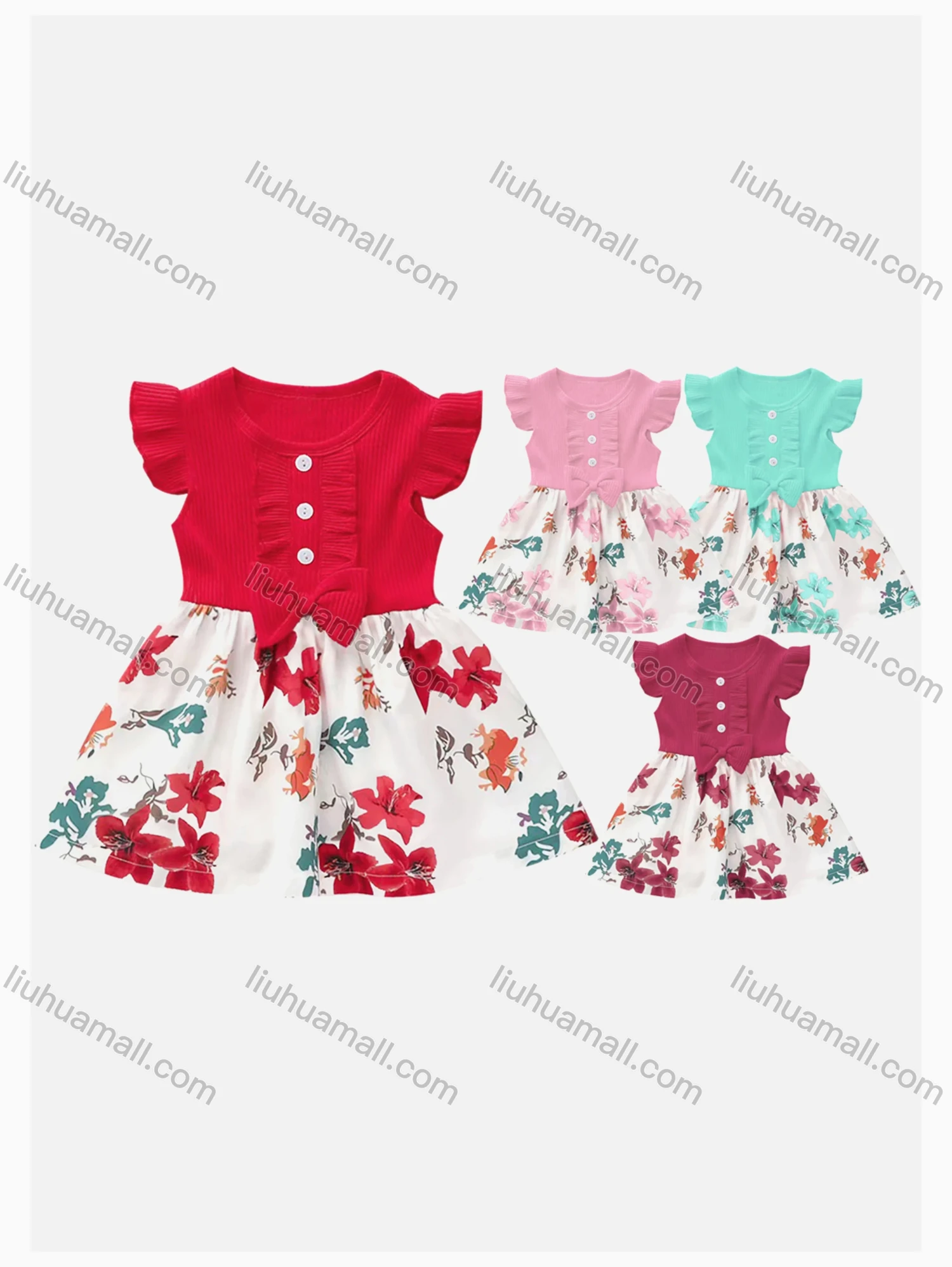 Wholesale Girls Causal Crew Neck Ruffle Sleeve Button Decor Floral Print Dress - Liuhuamall