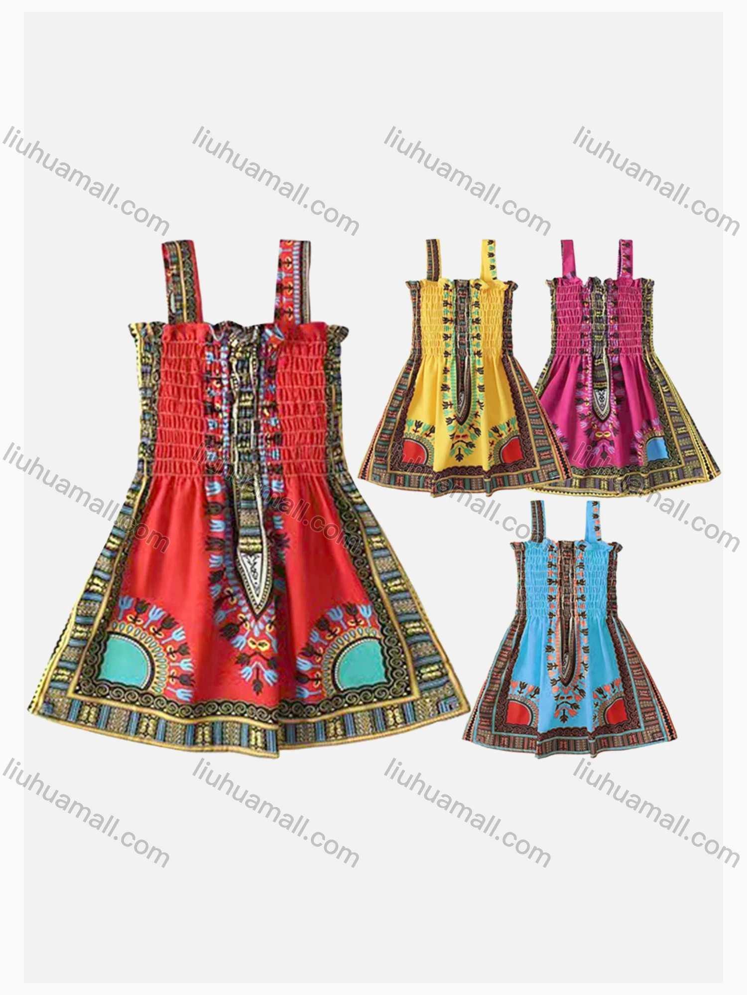 Wholesale Girls Causal Square Neck Sleeveless Folkloric Short Dress - Liuhuamall