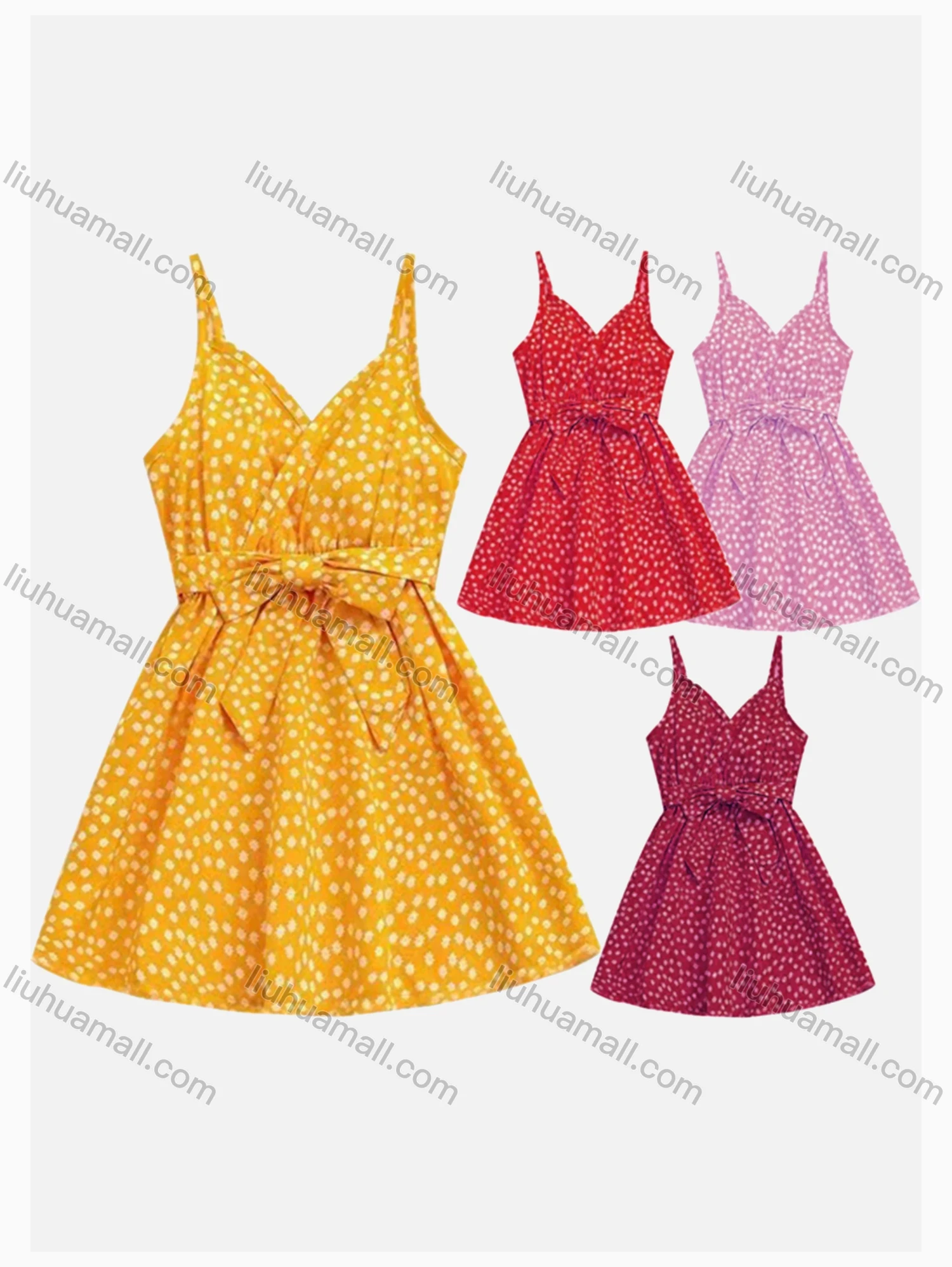 Wholesale Girls Causal V Neck Sleeveless Dot Print Dress With Belt - Liuhuamall