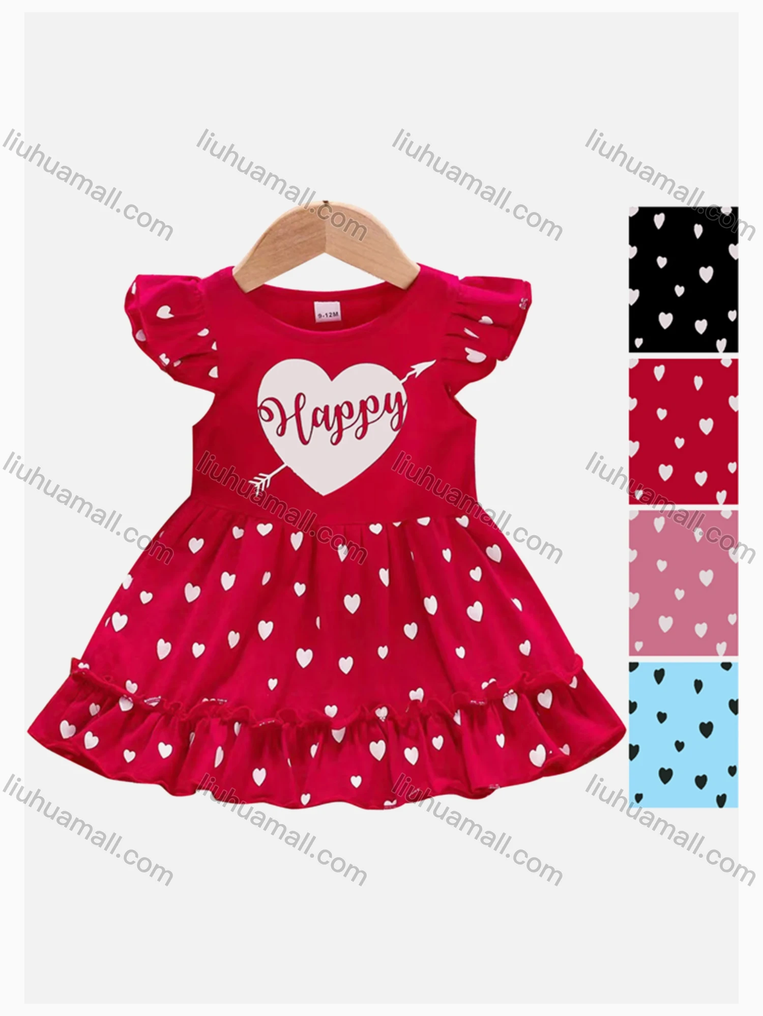 Wholesale Girls Causal Crew Neck Ruffle Sleeve Button Heart Allover Print Dress - Liuhuamall