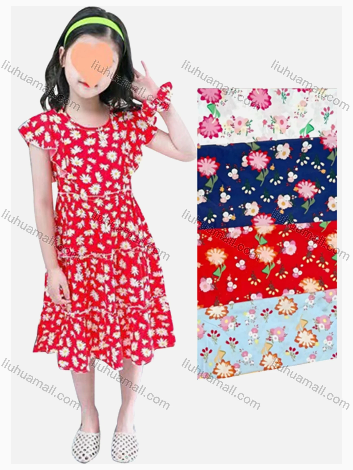 Wholesale Girls Causal Crew Neck Ruffle Sleeve Floral Print Dress - Liuhuamall