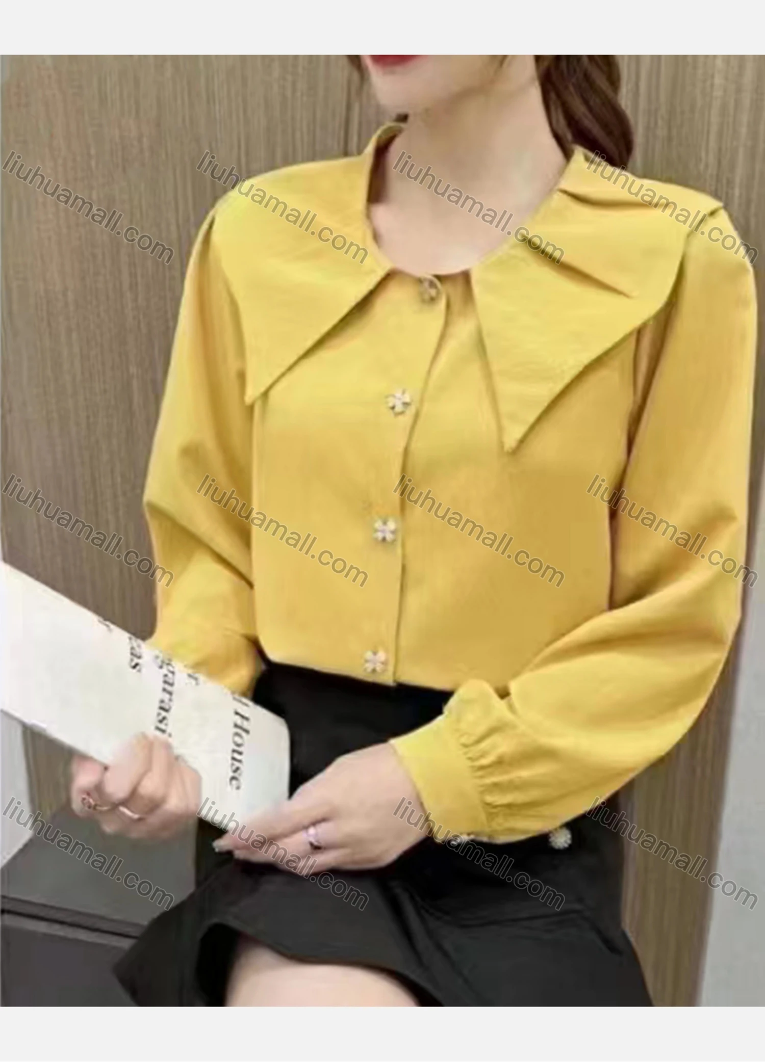 Wholesale Women's Casual Peter Pan Collar Long Sleeve Button Down Blouse - Liuhuamall
