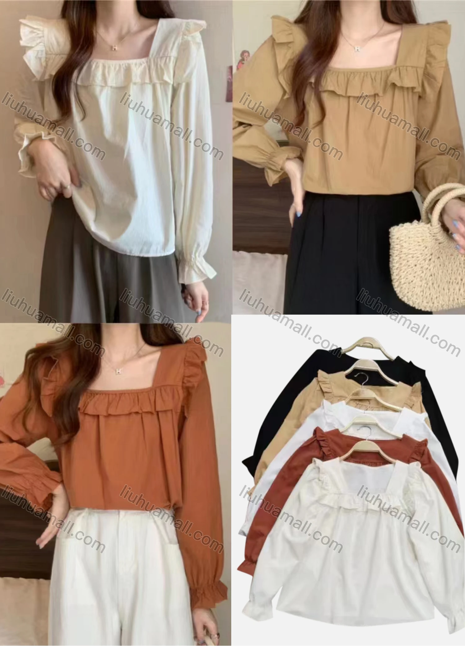 Wholesale Women's Casual Square Neck Poet Sleeve Ruffle Trim Blouse - Liuhuamall