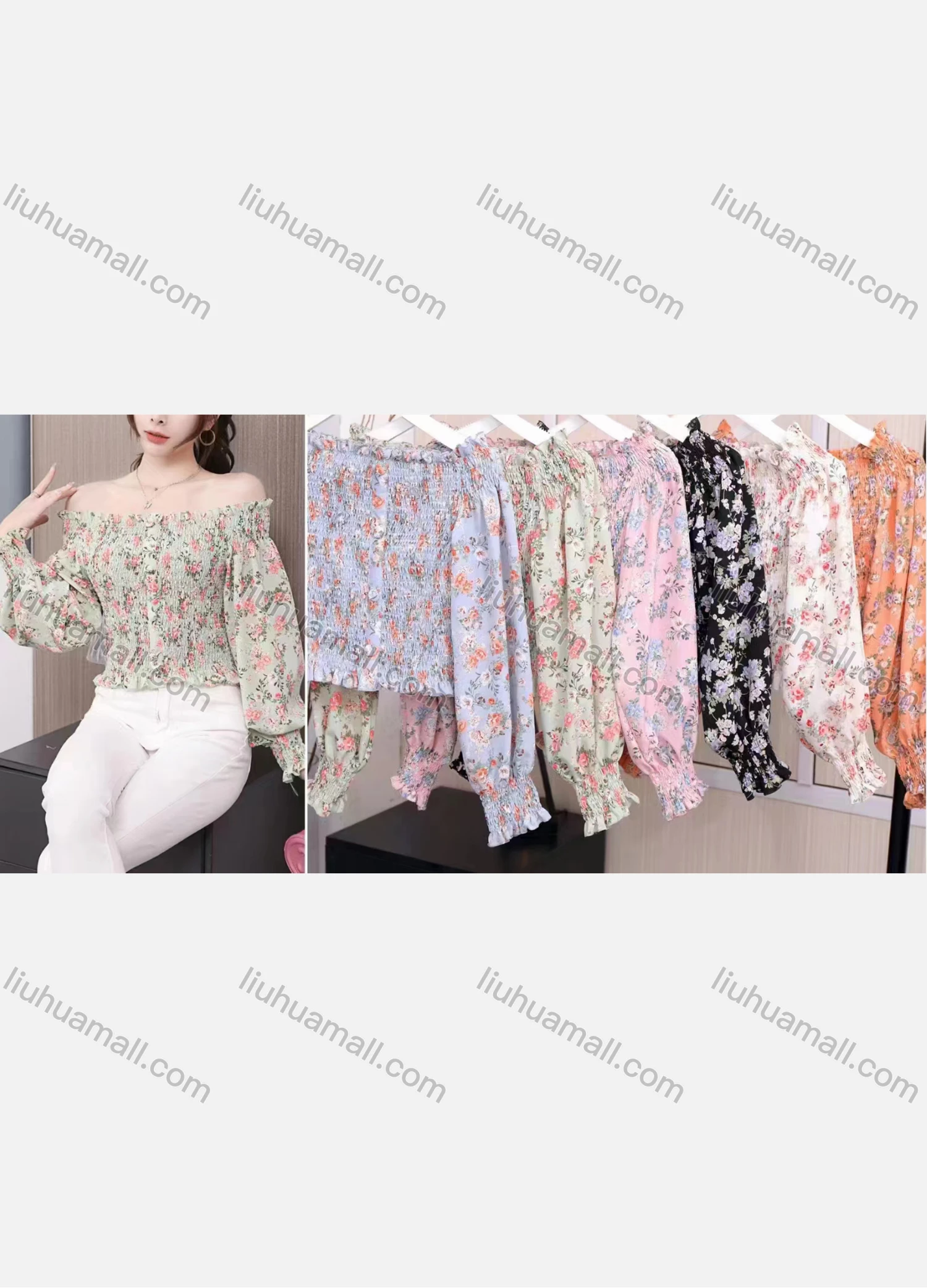 Wholesale Women's Casual Off Shoulder Long Sleeve Peplum Floral Print Blouse - Liuhuamall