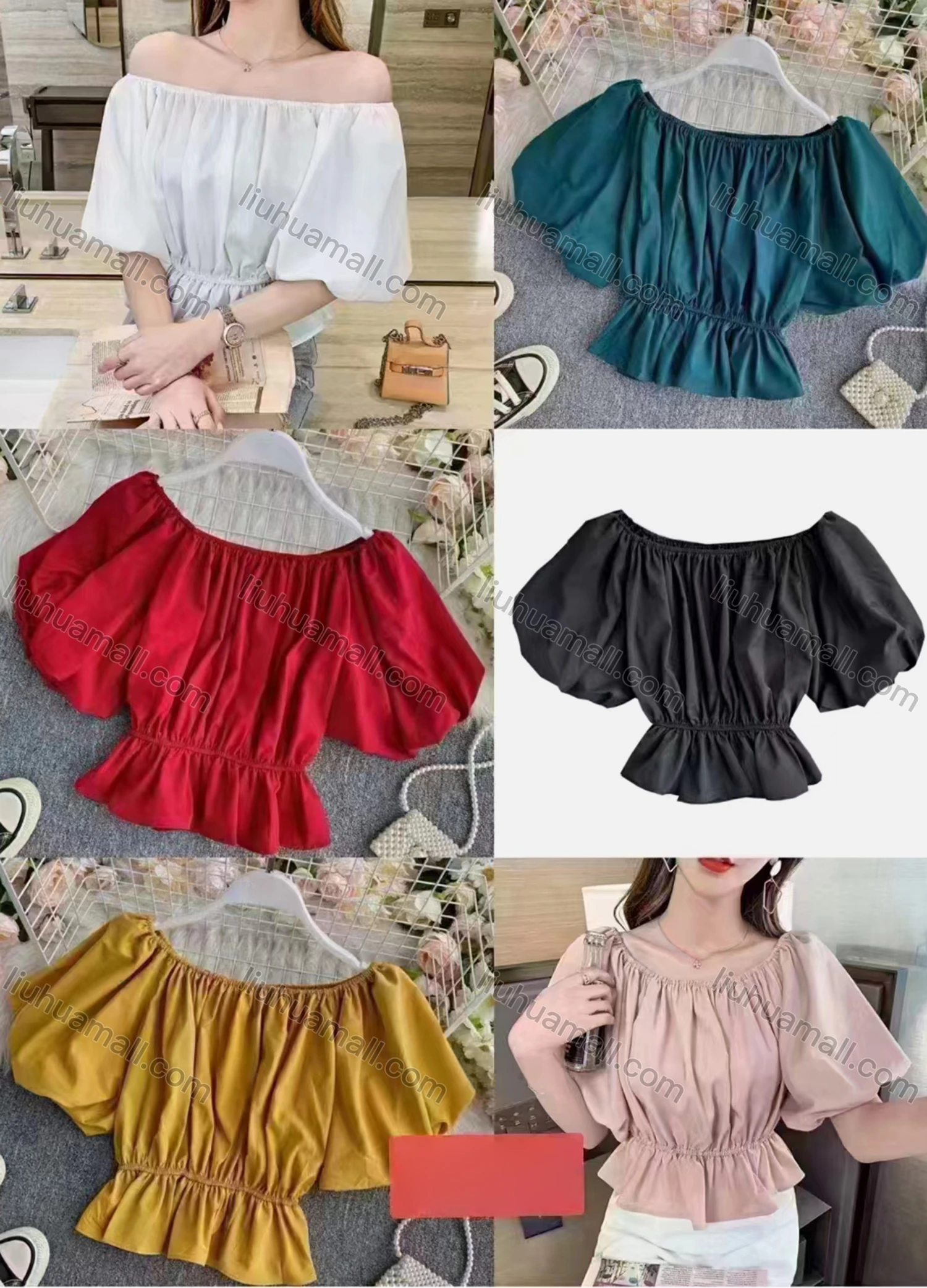 Wholesale Women's Casual Off Shoulder Peplum Crop Blouse - Liuhuamall