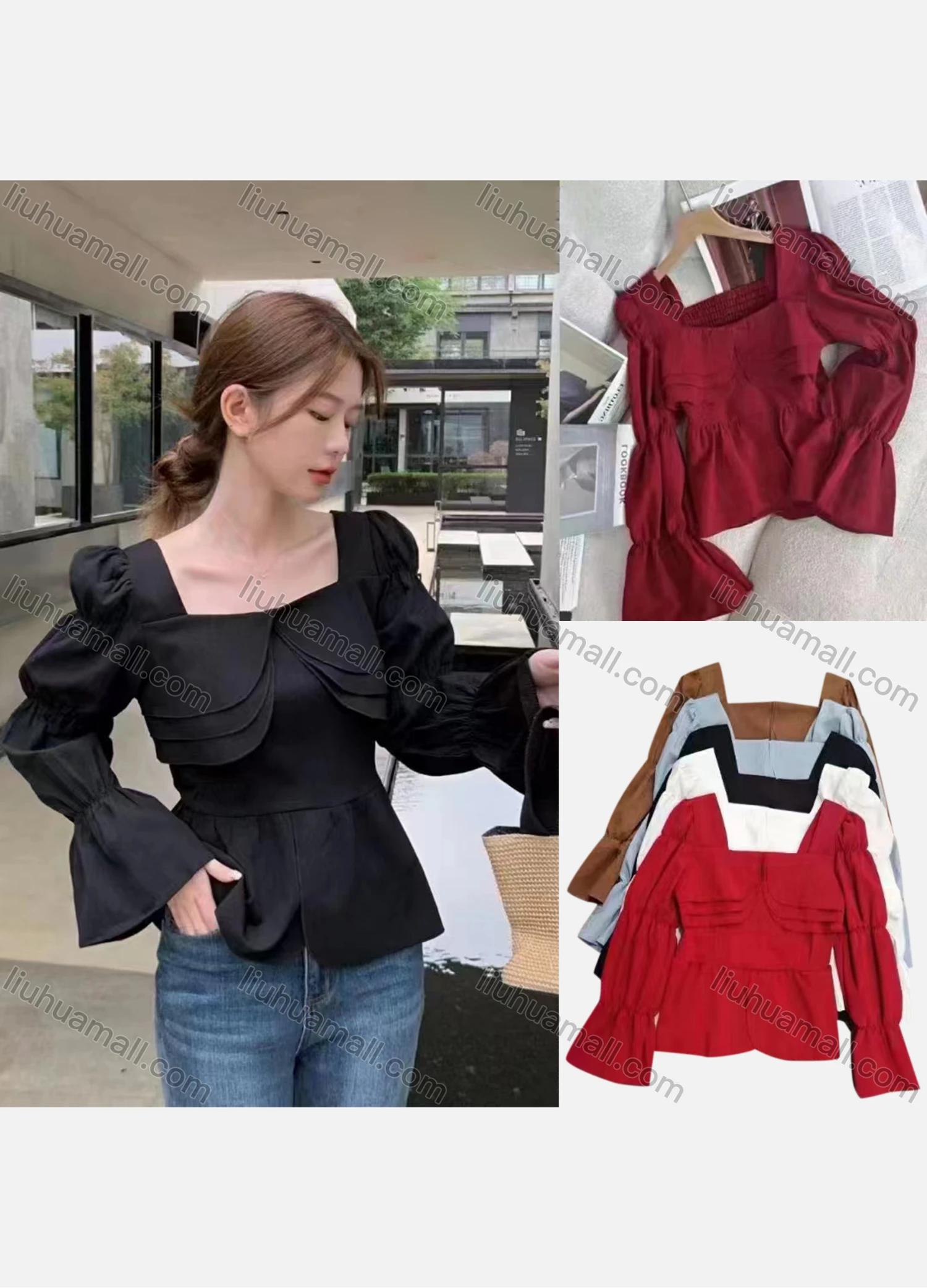 Wholesale Women's Casual Square Neck Bell Sleeve Peplum Blouse - Liuhuamall