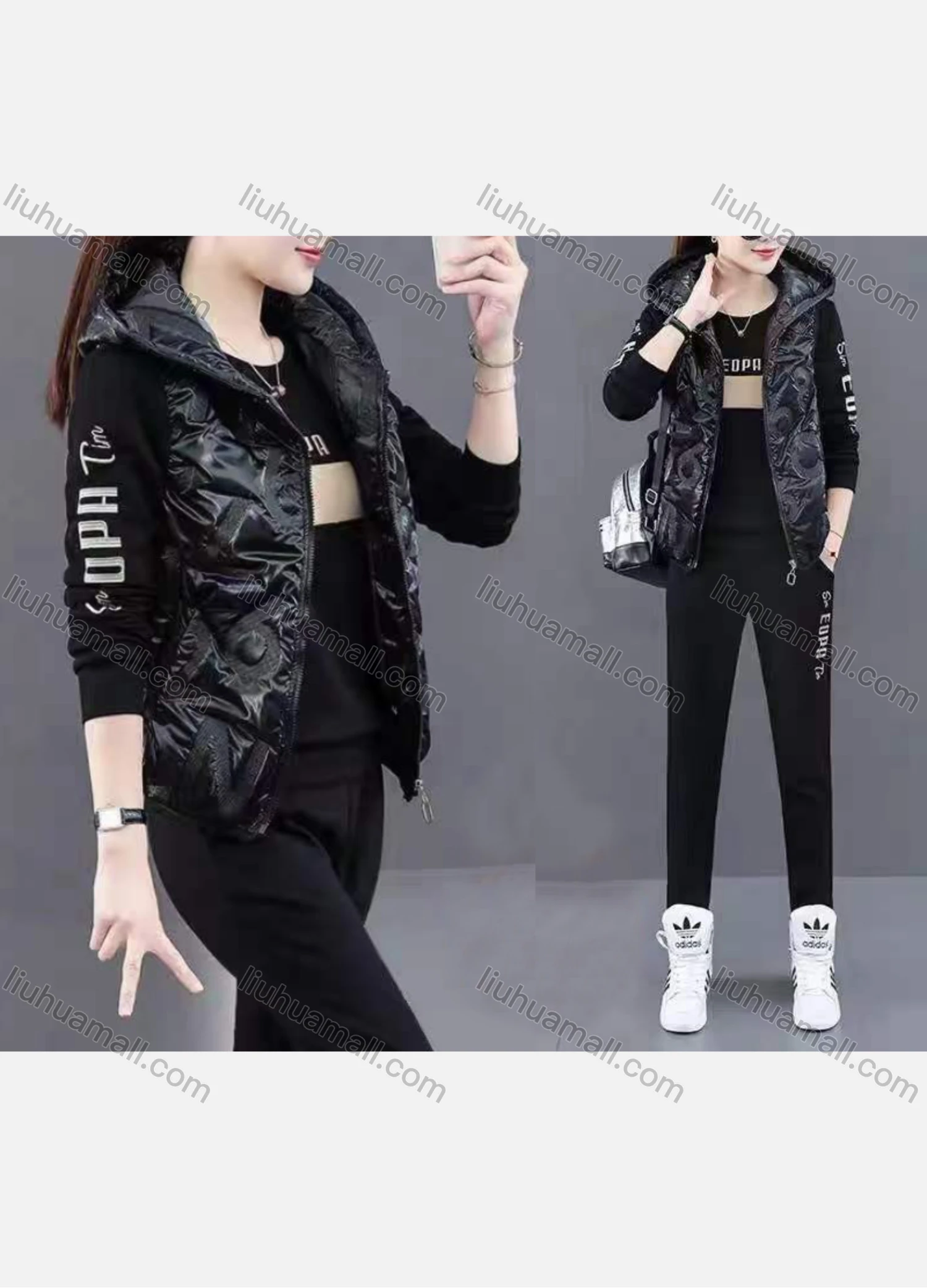 Wholesale Women's Casual Crew Neck Long Sleeve Fleece Lined Blouse & Jacket Set - Liuhuamall