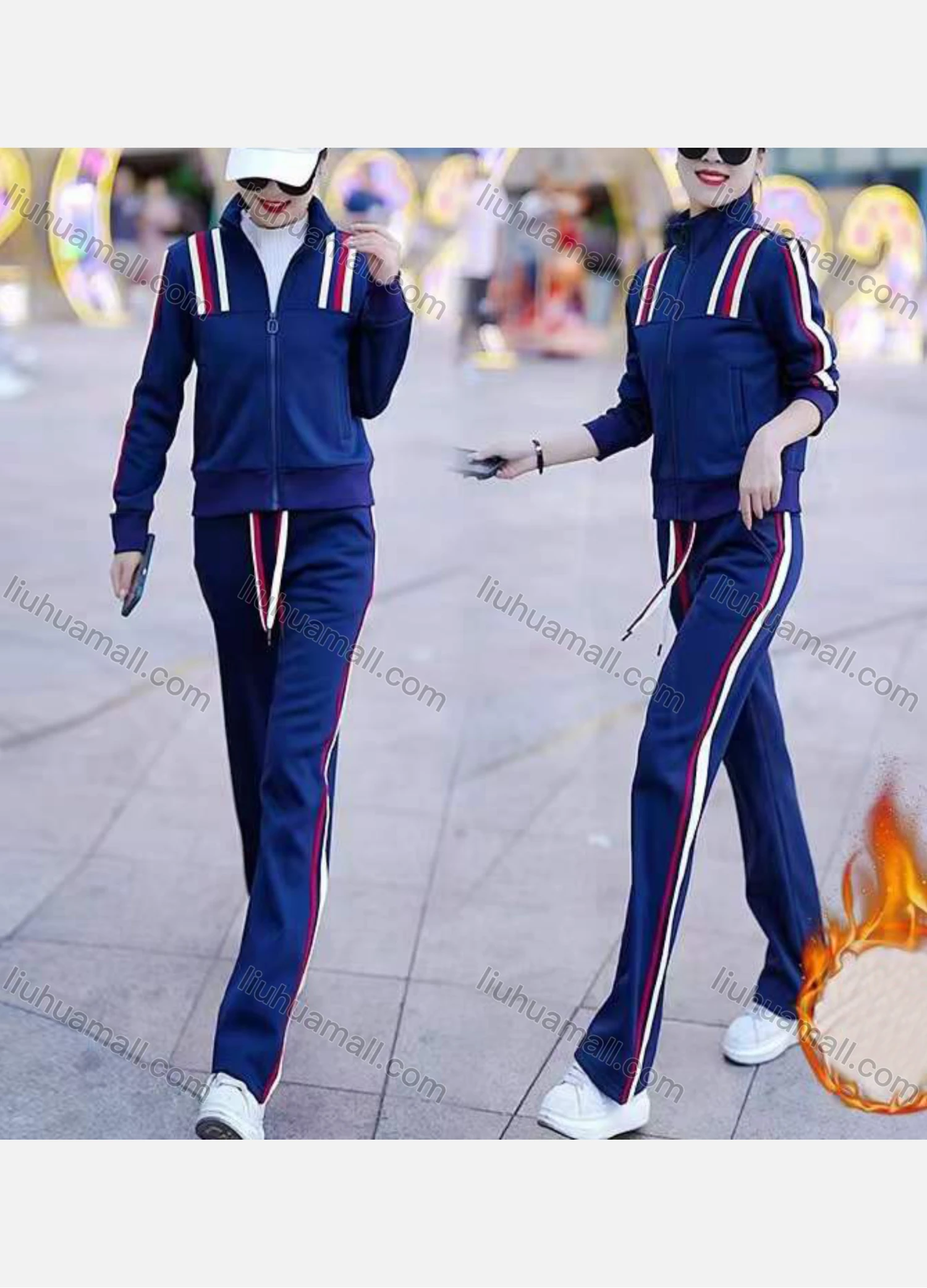 Wholesale Women's Sporty Stand Collar Striped Jacket & Pants Set - Liuhuamall