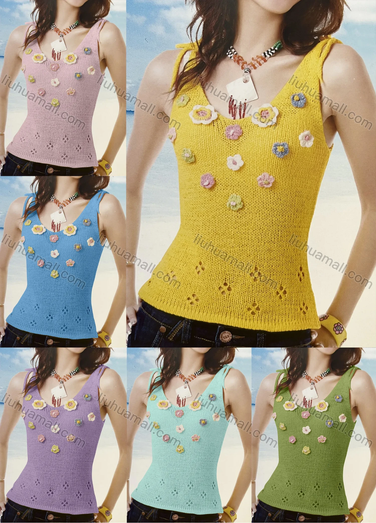Wholesale Women's Vacation Shoulder Tie Crochet Hollow Out Knit Cami Tops - Liuhuamall