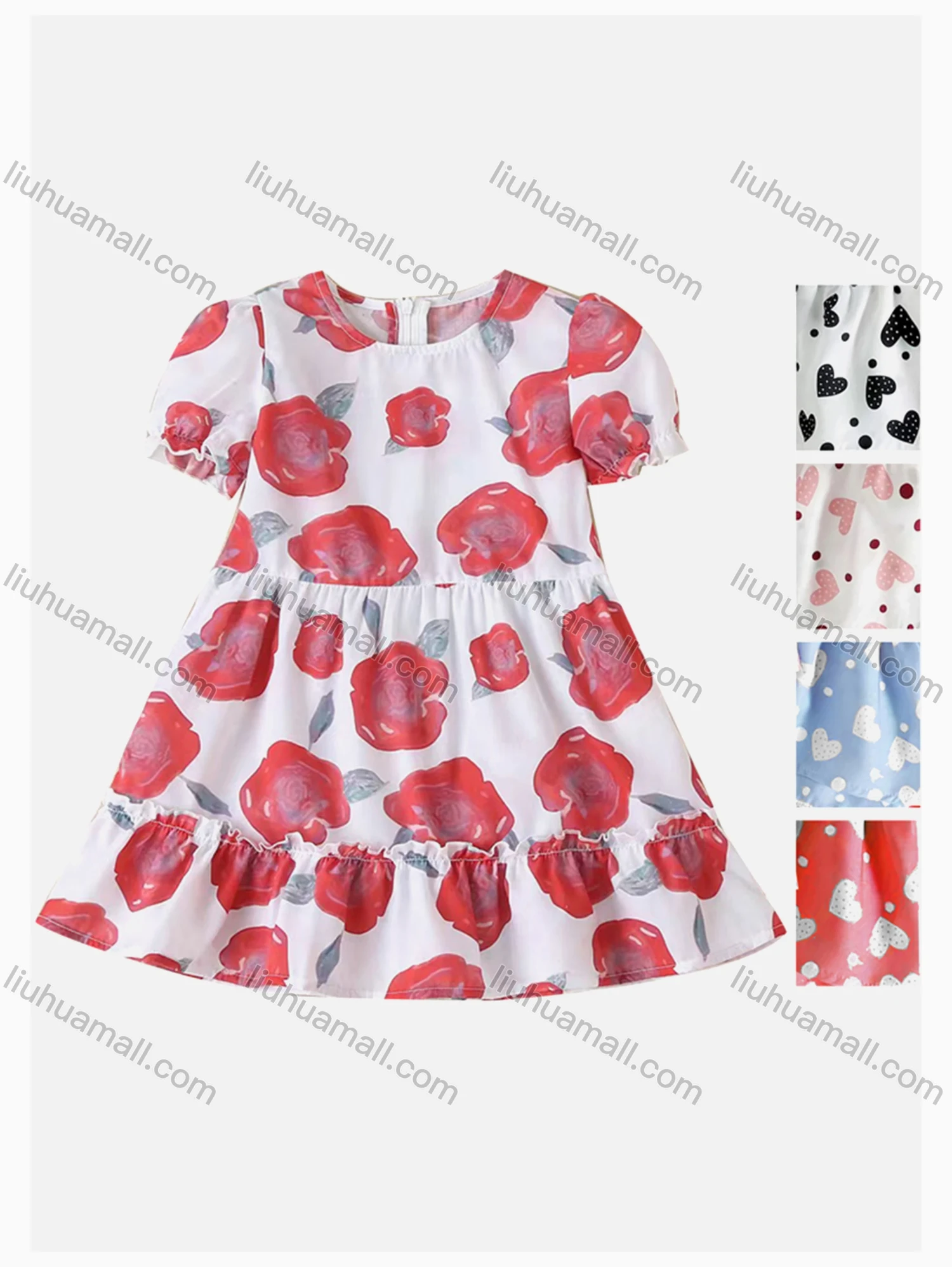 Wholesale Girls Causal Round Neck Puff Sleeve Ruffle Trim Allover Print Dress - Liuhuamall