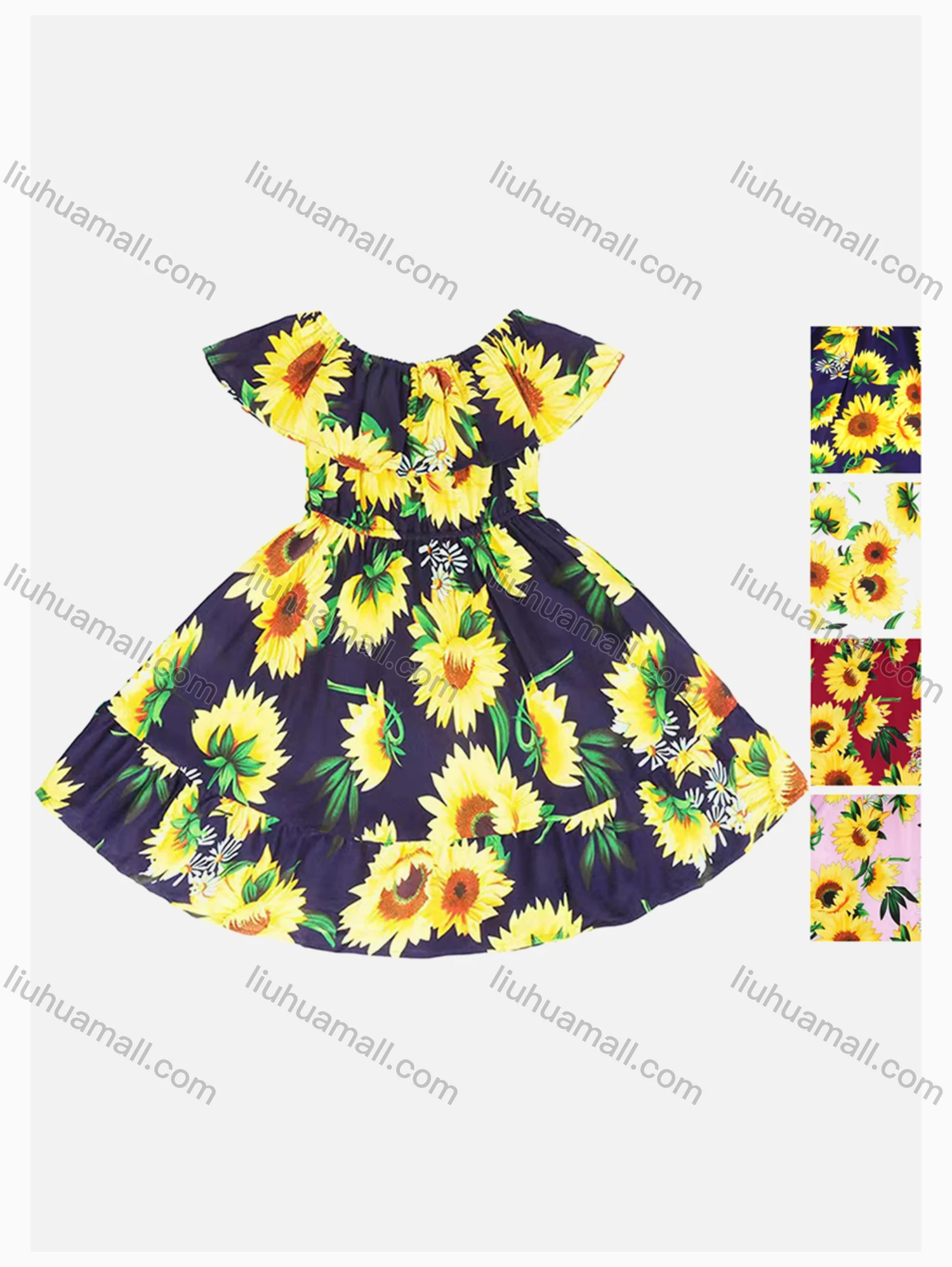 Wholesale Girls Causal Off Shoulder Short Sleeve Ruffle Trim Floral Print Dress - Liuhuamall