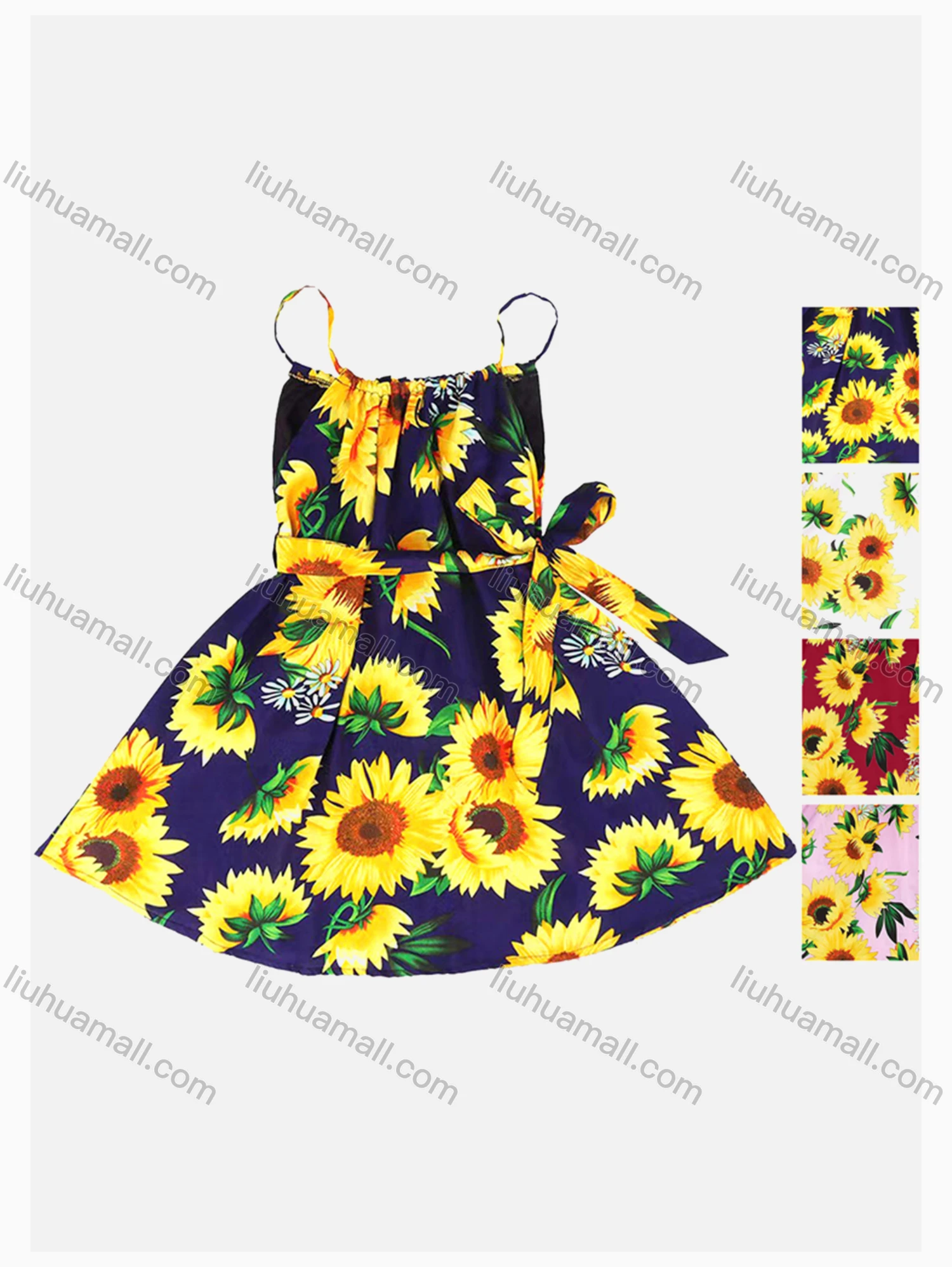 Wholesale Girls Causal Square Neck Sleeveless Floral Print Dress With Belt - Liuhuamall