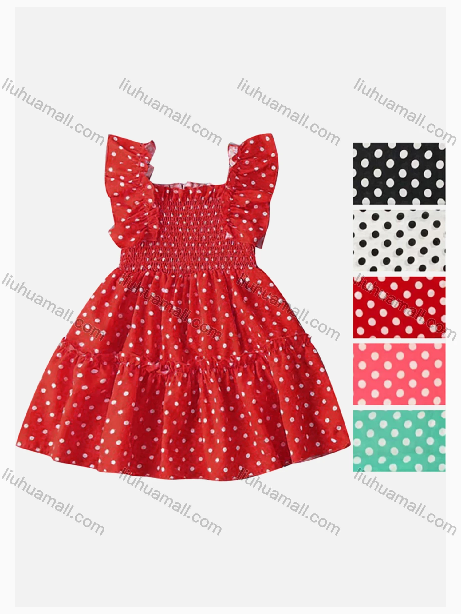 Wholesale Girls Causal Square Neck Sleeveless Ruffle Trim Dot Print Dress - Liuhuamall