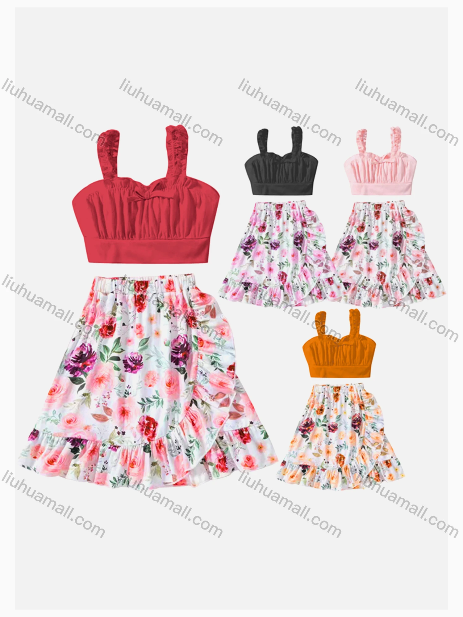 Wholesale Girls Casual Ruffle Trim Tie Plain Tank Top & Elastic Waist Floral Print Skirt Sets - Liuhuamall