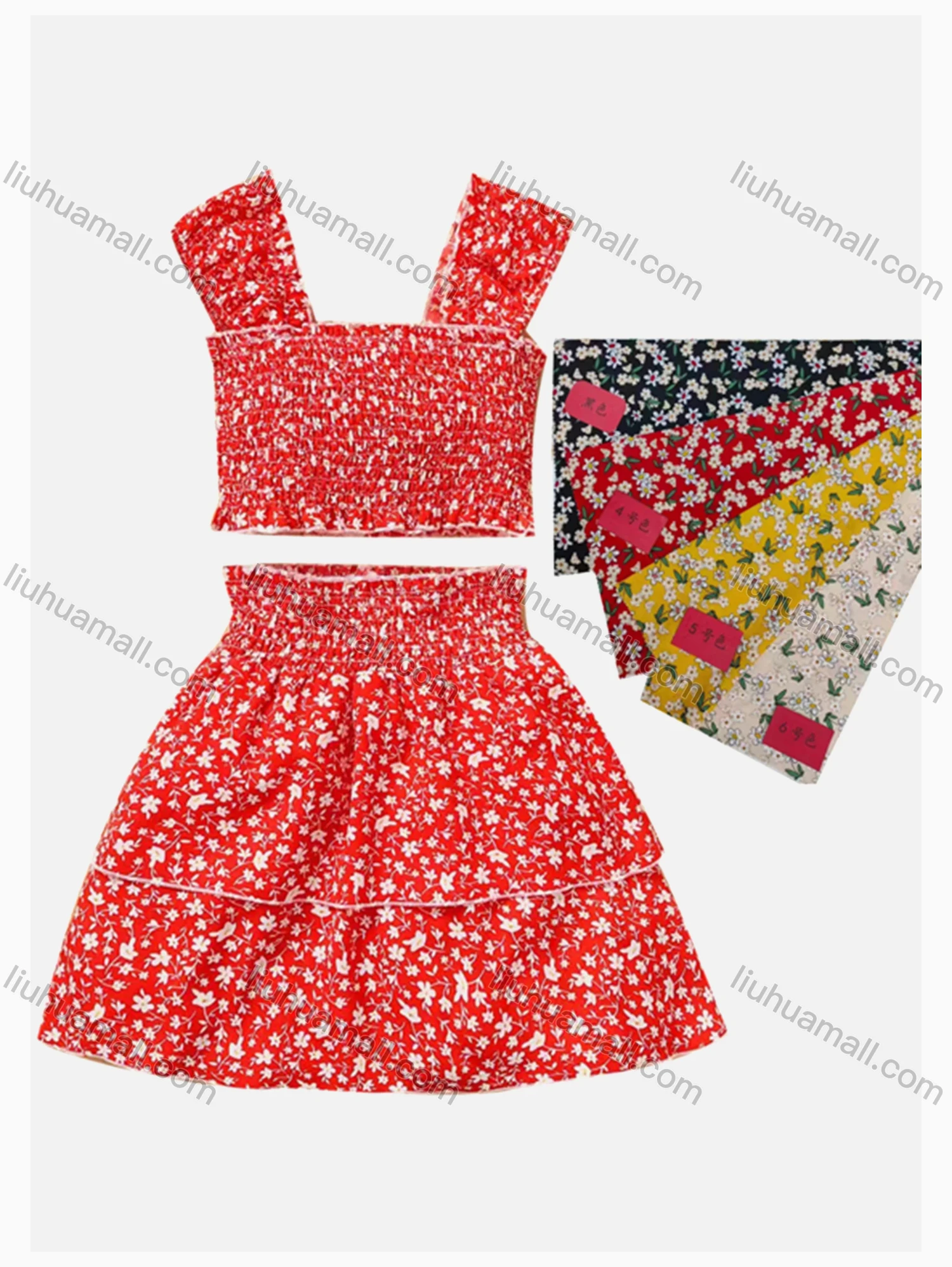 Wholesale Girls Casual Ruched Allover Print Tank Top & Elastic Waist Skirt Sets - Liuhuamall
