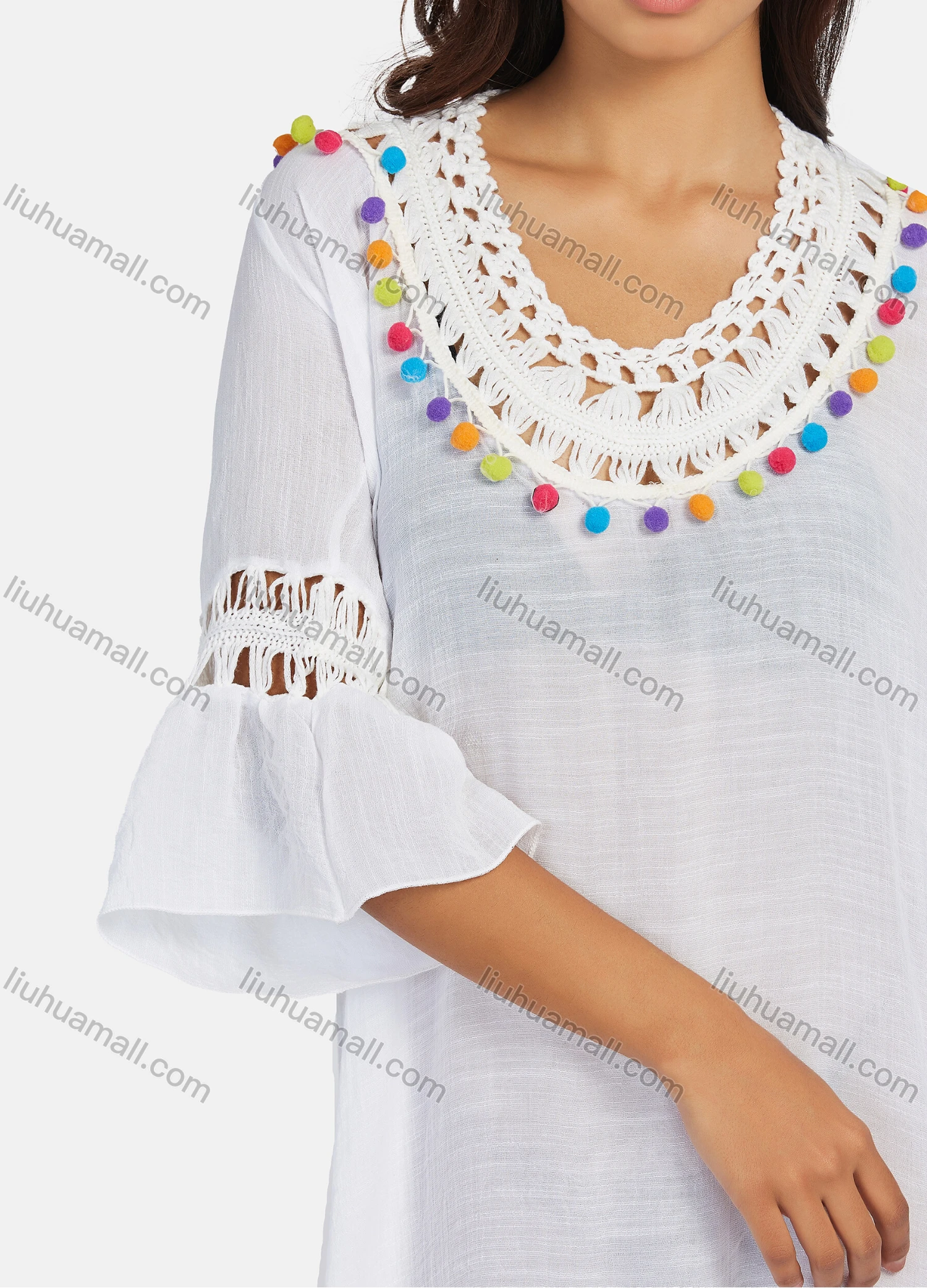 Wholesale Women's Casual Bell Sleeve Pompom Hollow Out Midi Dress - Liuhuamall