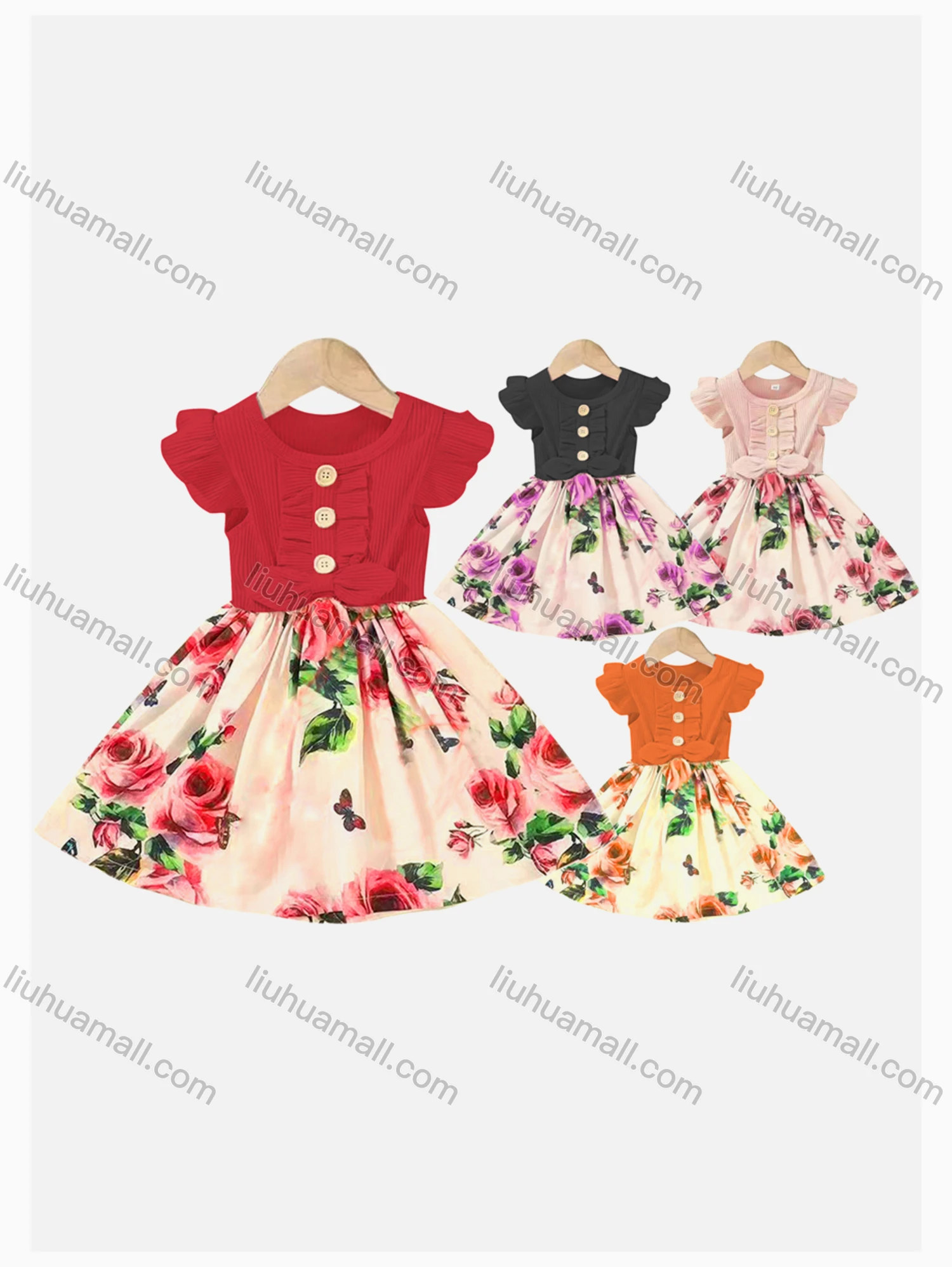 Wholesale Girls Causal Ruffle Sleeve Round Neck Button Decor Floral Print Dress - Liuhuamall